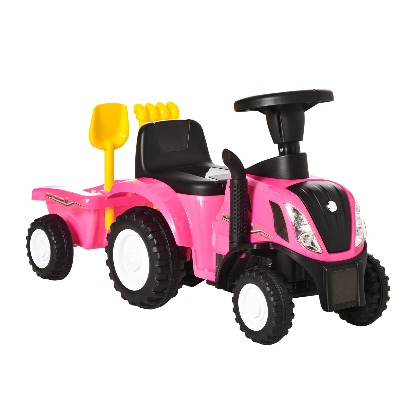 HOMCOM Tractor sin Pedales para Niños de 12-36 Meses con Remolque Extraíble Coche Correpasillos con Bocina Faros Pala Asiento de Suelo 25 cm y Rastrillo Carga 25 kg 91x29x44 cm Rosa