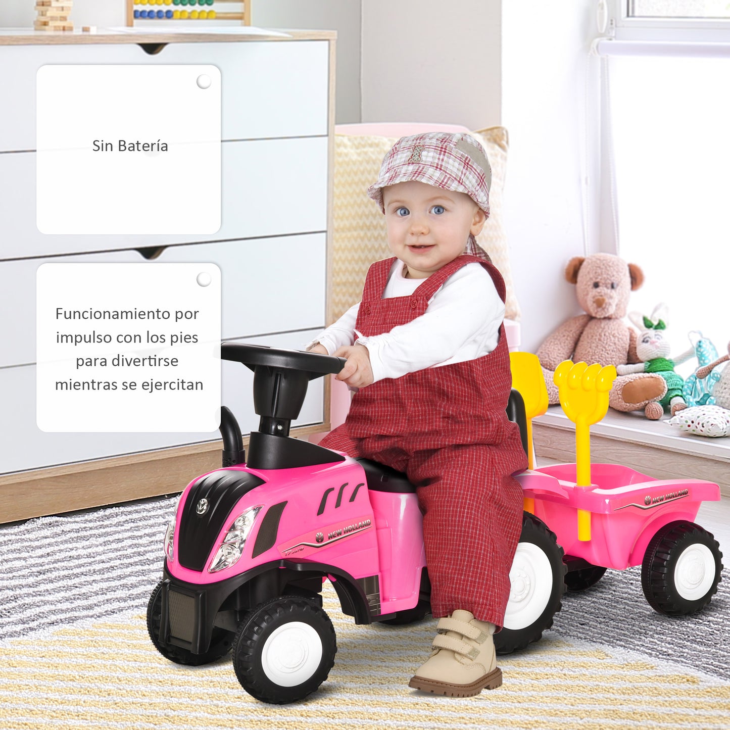 HOMCOM Tractor sin Pedales para Niños de 12-36 Meses con Remolque Extraíble Coche Correpasillos con Bocina Faros Pala Asiento de Suelo 25 cm y Rastrillo Carga 25 kg 91x29x44 cm Rosa