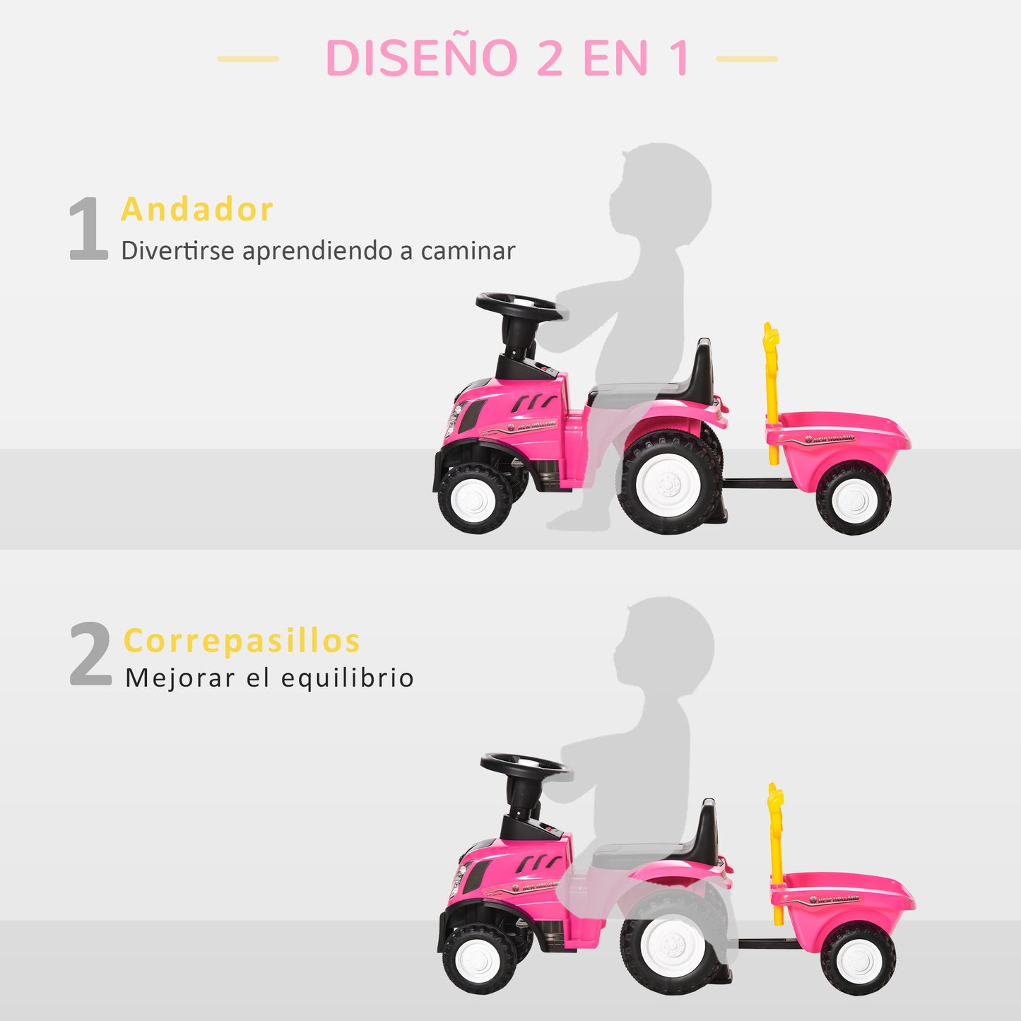 HOMCOM Tractor sin Pedales para Niños de 12-36 Meses con Remolque Extraíble Coche Correpasillos con Bocina Faros Pala Asiento de Suelo 25 cm y Rastrillo Carga 25 kg 91x29x44 cm Rosa