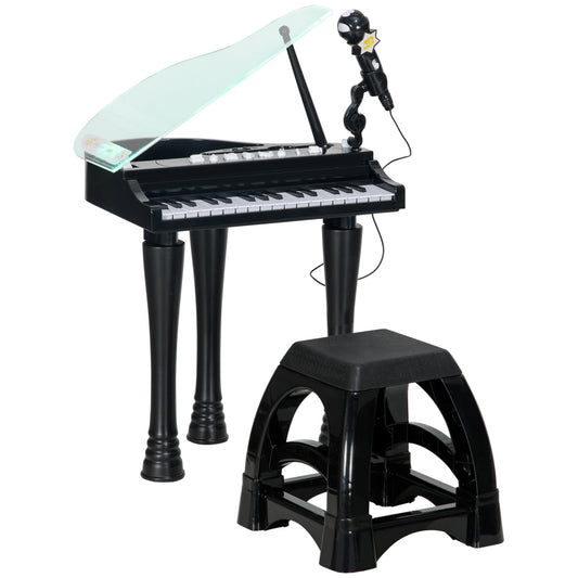 AIYAPLAY Piano Electrónico Infantil de 32 Teclas Juego de Piano con Micrófono Taburete Luces 22 Canciones 4 Sonidos Patas Desmontables y Volumen Ajustable 37x30,5x60,4 cm Negro