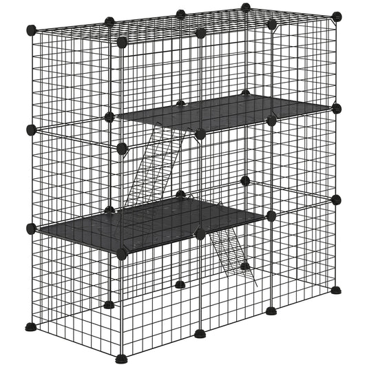 PawHut Jaula para Animales Pequeños de 31 Paneles Parque para Mascotas en Bricolaje con Rampa Corralito para Cobayas Conejos Chinchillas 105x45x105 cm Negro