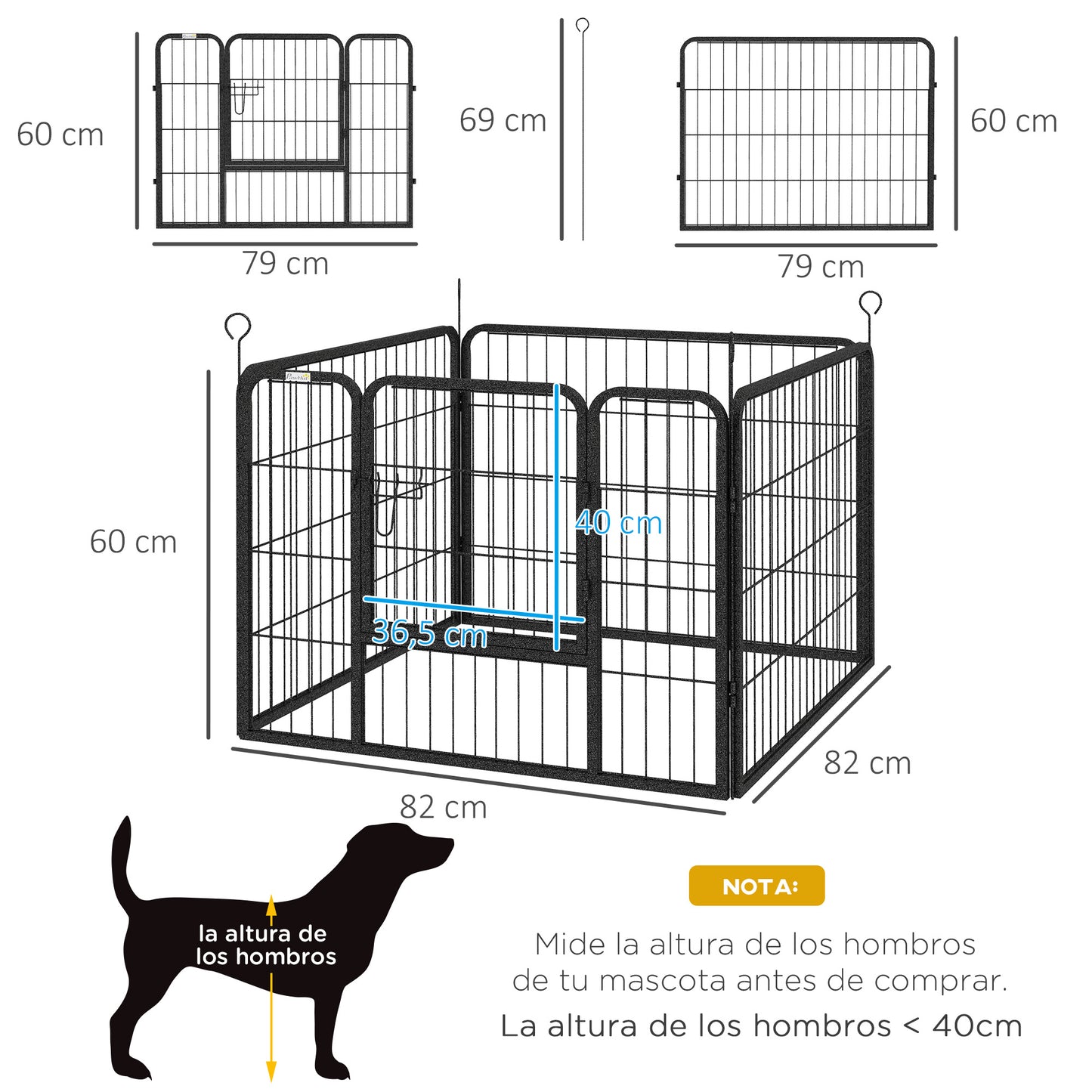 PawHut Parque para Perros de 4 Paneles 82x82x60 cm Parque de Juegos para Mascotas Plegable con Puerta de Pestillo y Marco de Metal para Interior y Exterior Gris