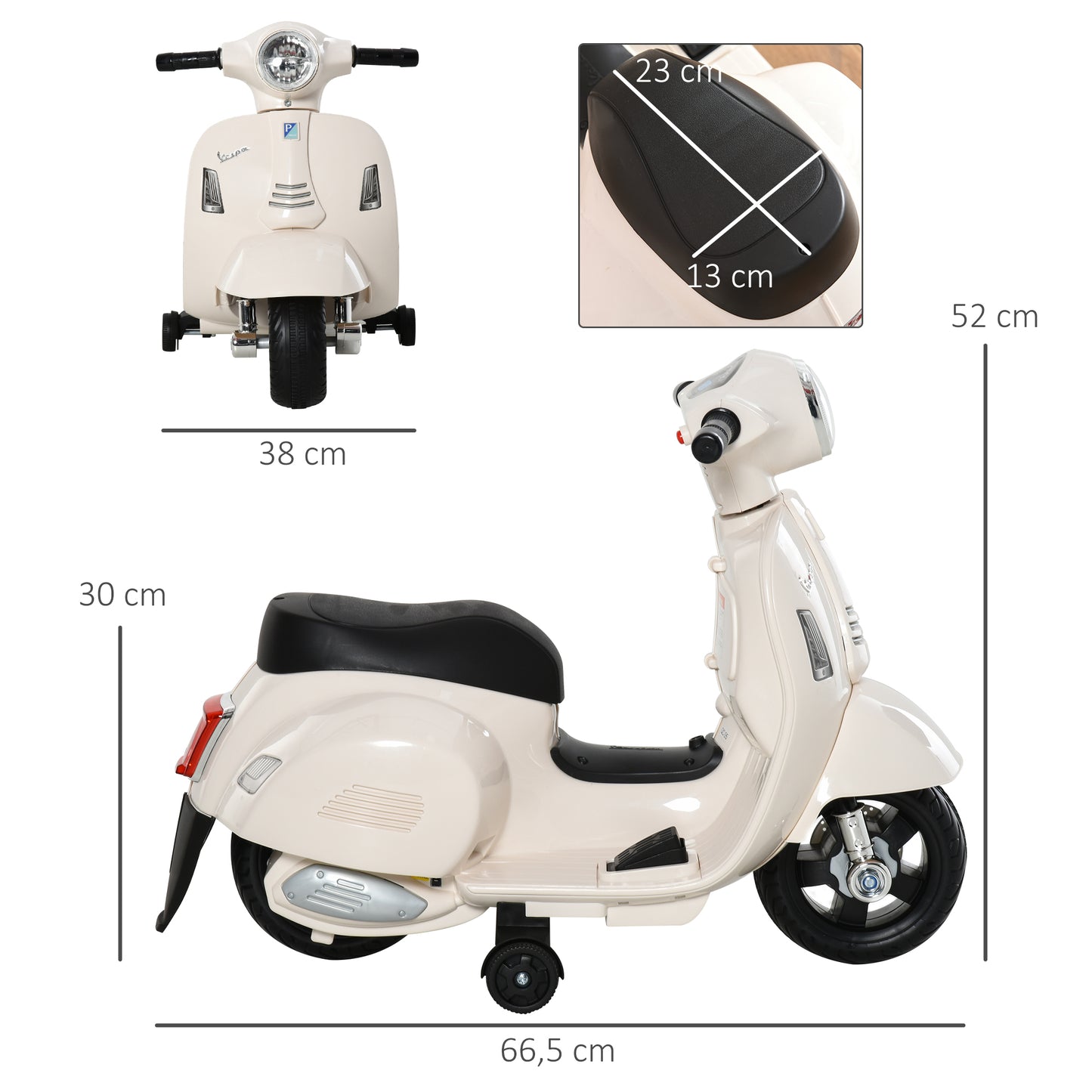 HOMCOM Moto Eléctrica Vespa para Niños de 18-36 Meses Moto de Batería 6V con Faro Bocina y 4 Ruedas Motocicleta Infantil con Licencia 66,5x38x52 cm Blanco