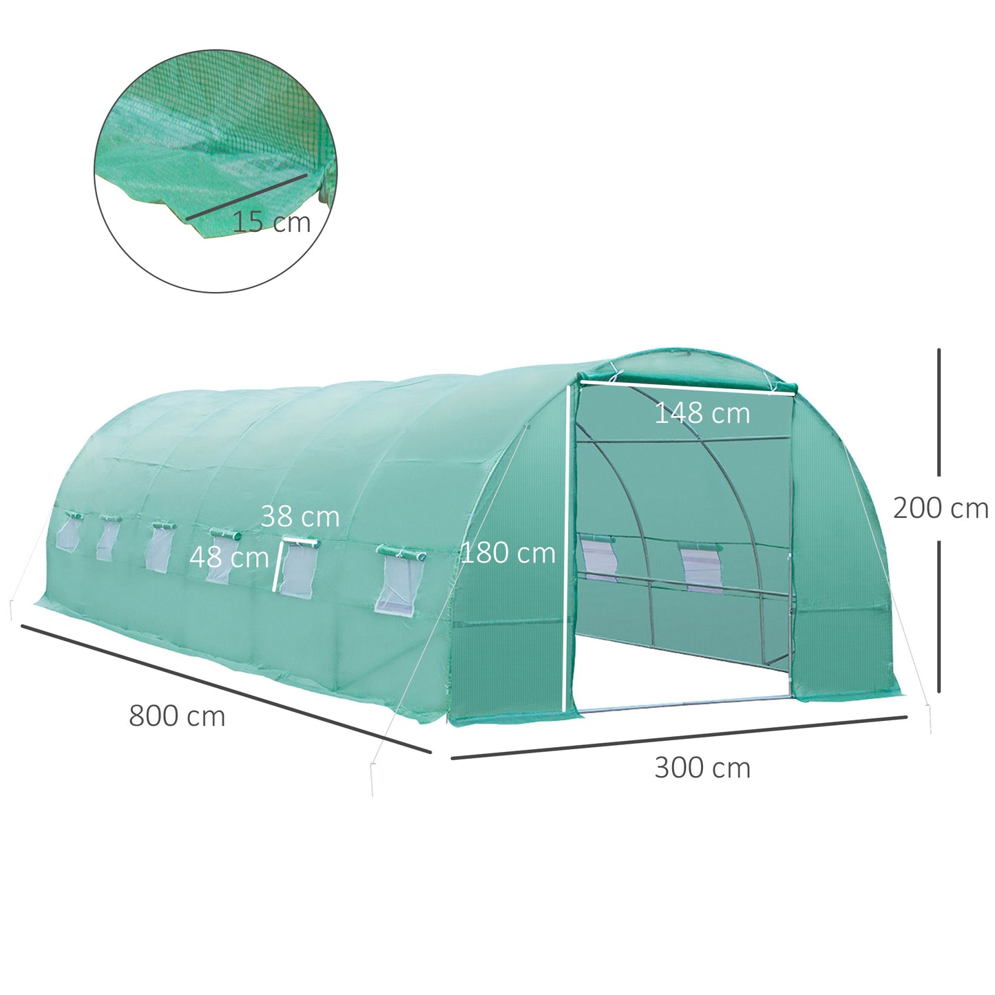 Outsunny Invernadero de Exterior Invernadero de Túnel 8x3x2 m Invernadero de Jardín con 12 Ventanas y Puerta Enrollable para Cultivo Plantas Tomates Verduras Acero y PE 140 g/m² Verde