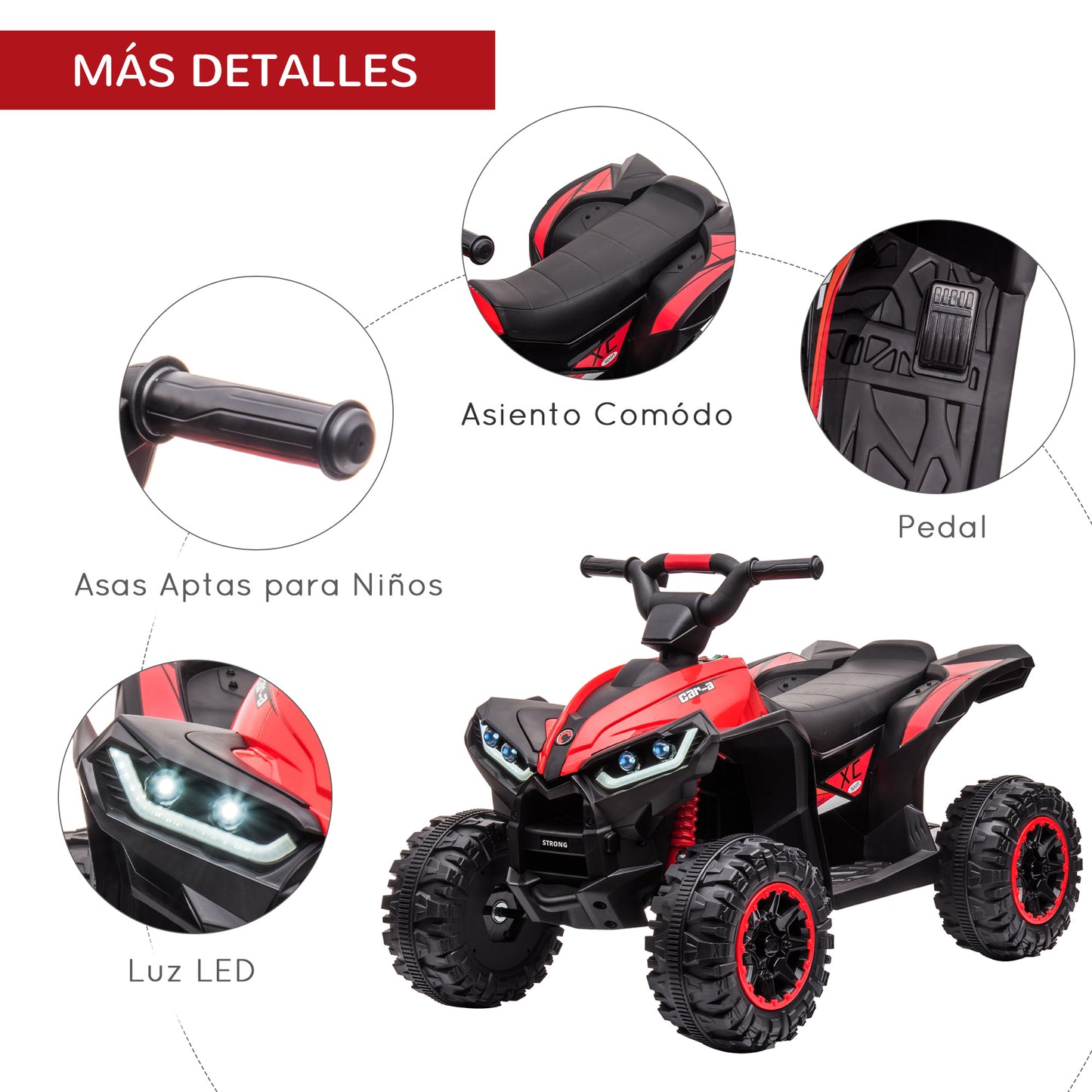 HOMCOM Quad Eléctrico para Niños de 3-5 Años Vehículo Eléctrico a Batería 12V con 2 Motores Faros Bocina Música Velocidad Ajustable Avance y Retroceso 83x53x55,5 cm Rojo