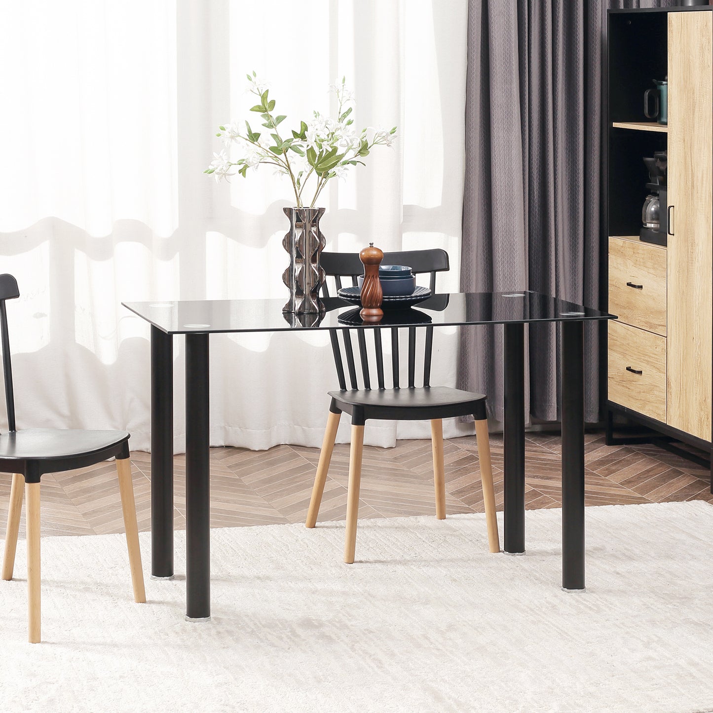 HOMCOM Conjunto de Comedor 5 Piezas Juego de 1 Mesa con Tablero de Vidrio Templado y 4 Sillas Tapizadas en Lino Estilo Moderno para Cocina 120x60x75 cm 41x50x97 cm Negro