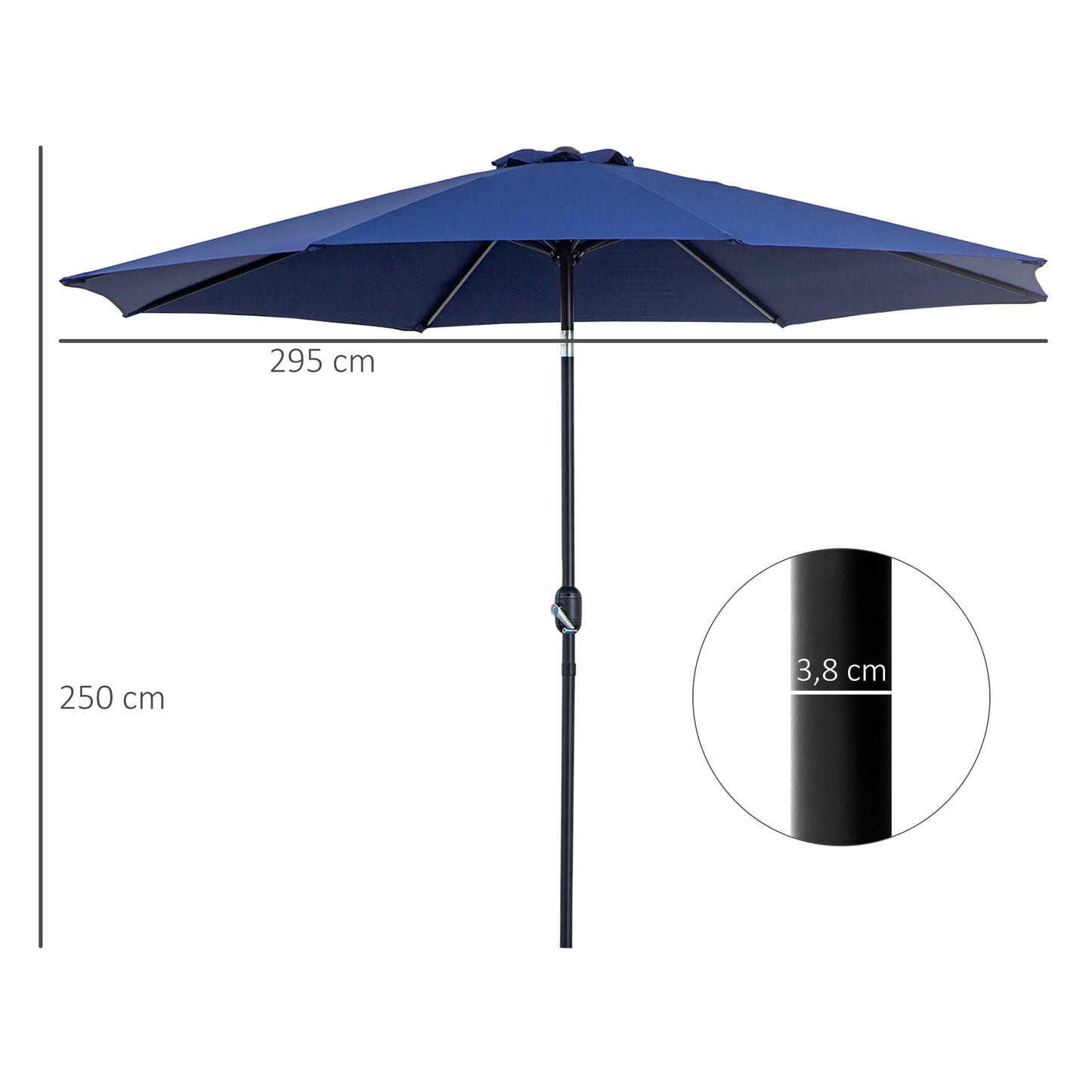 Outsunny Sombrilla de Jardín Ø295x250 cm con Manivela Parasol Exterior con Mecanismo de Inclinación y Poste Desmontable de Metal para Terraza Piscina Patio Azul