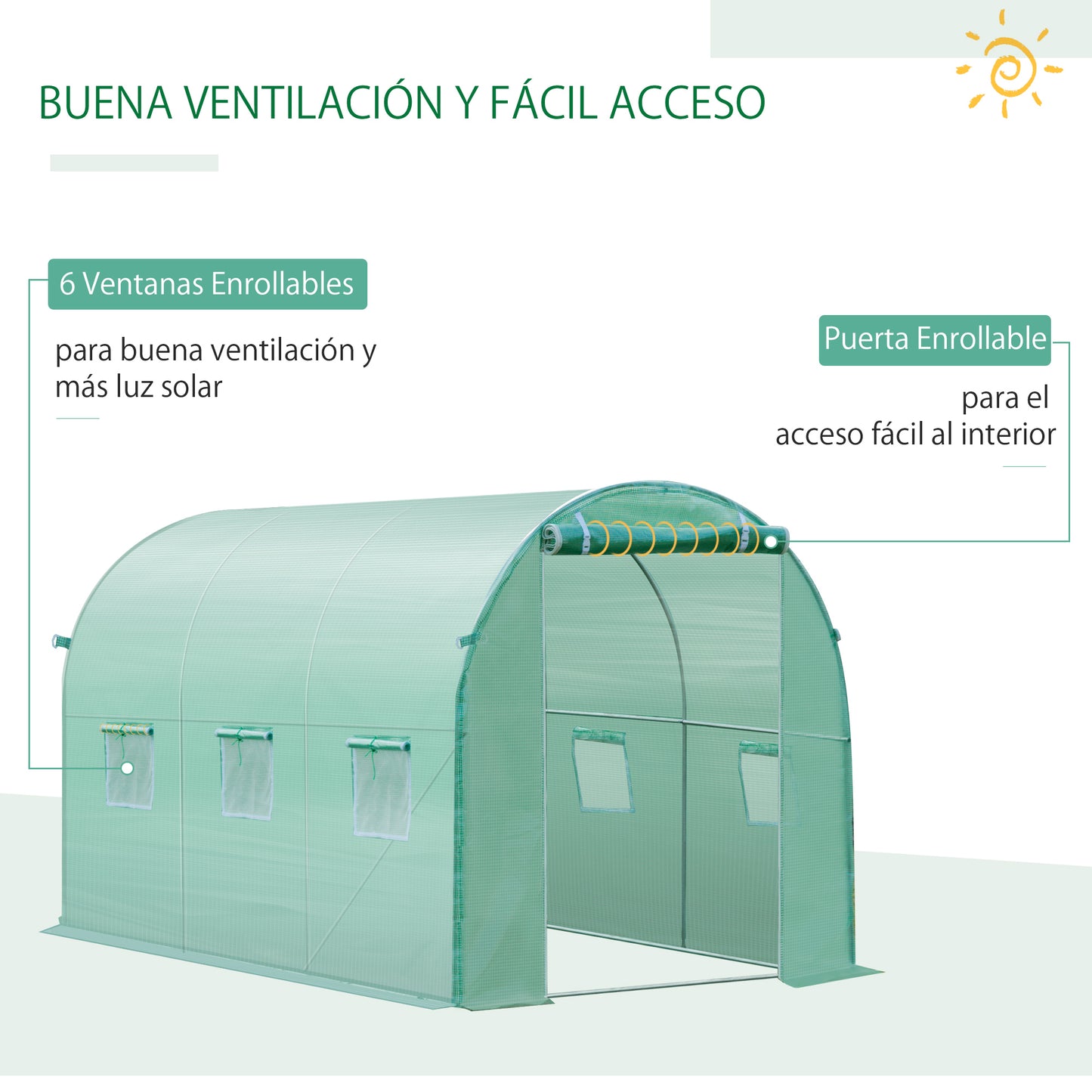 Outsunny Cubierta de Invernadero de Túnel 3x2x2 m Cubierta de Repuesto Invernadero Polietileno con 6 Ventanas y Puerta Enrollable Protección de Plantas para Jardín Verde