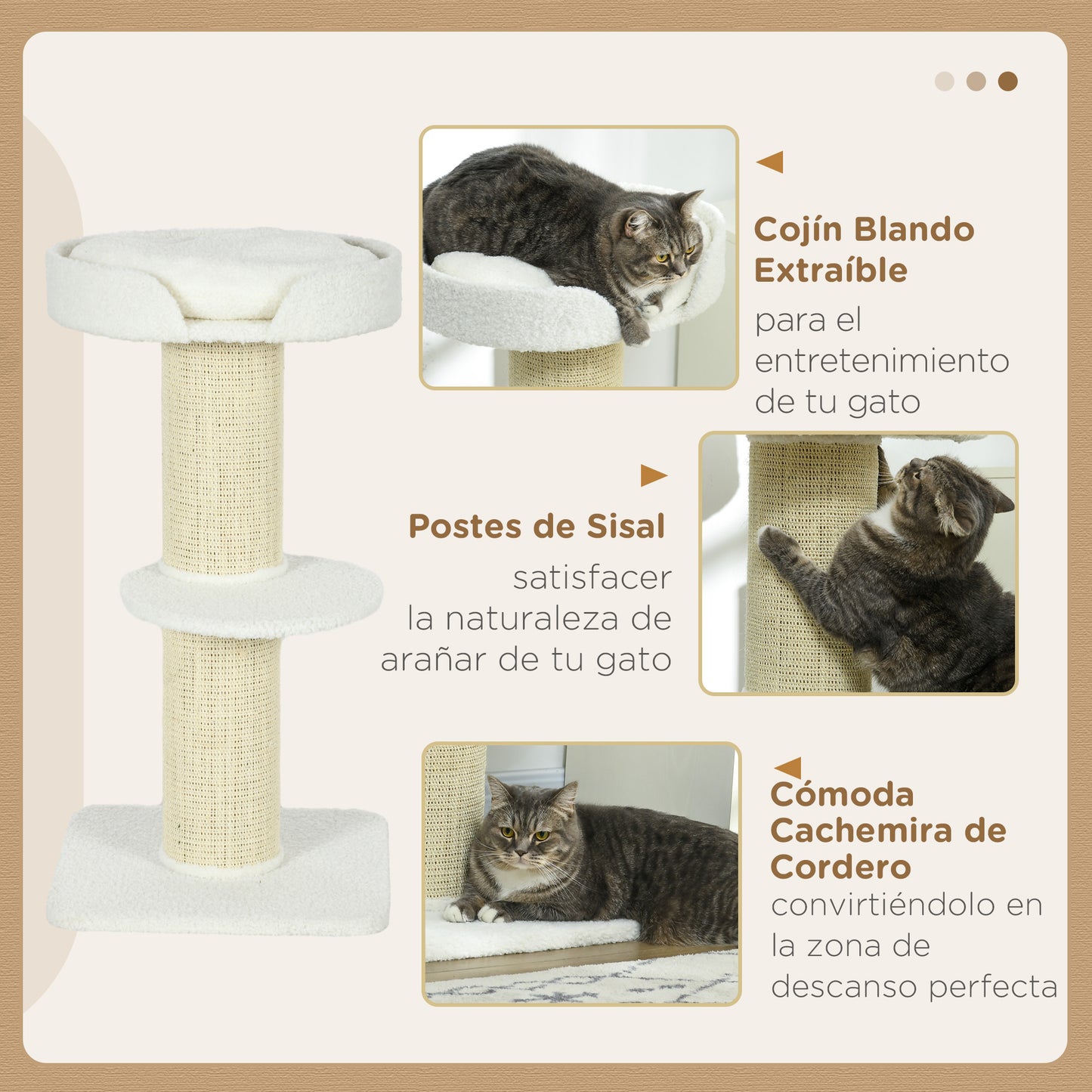 PawHut Árbol Rascador para Gatos Altura 91 cm Árbol para Gatos Torre para Gatos de 3 Niveles con Nido Plataforma y Poste de Sisal 45x45x91 cm Crema