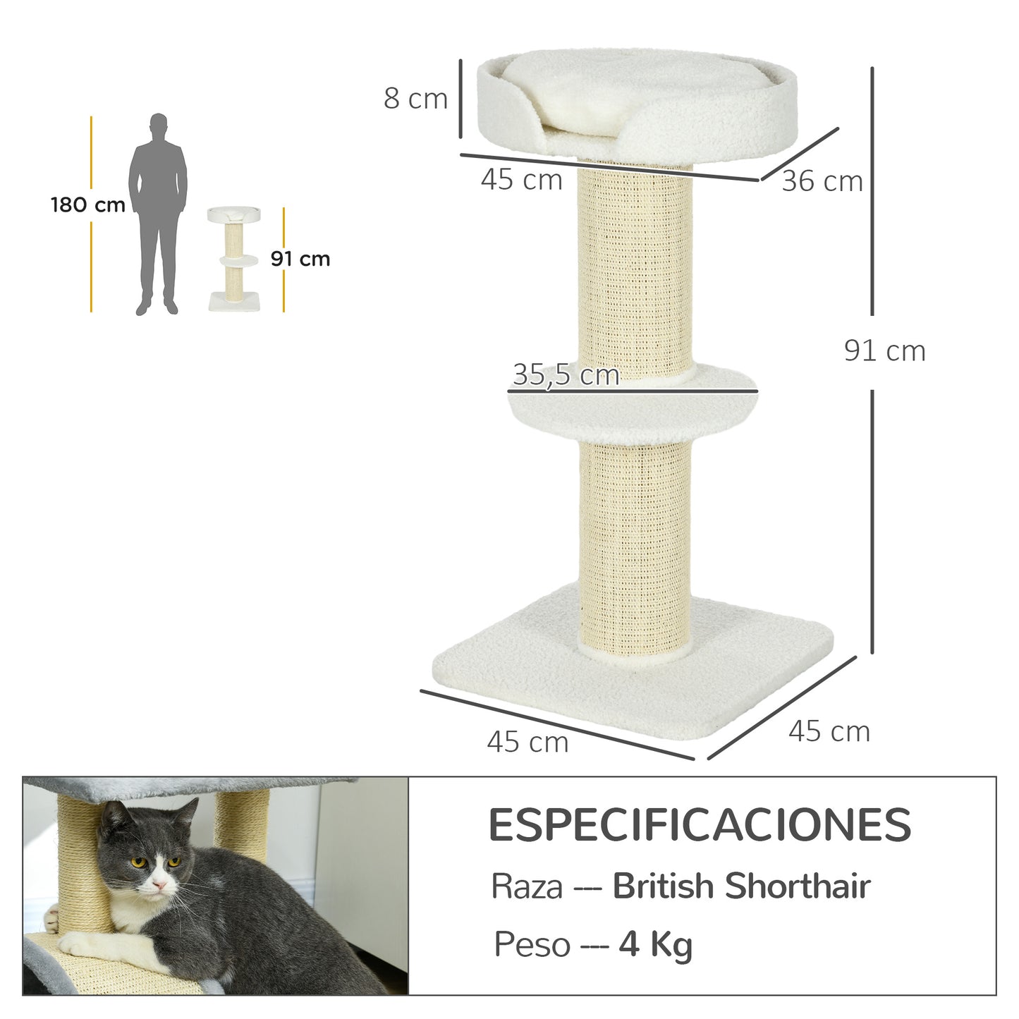 PawHut Árbol Rascador para Gatos Altura 91 cm Árbol para Gatos Torre para Gatos de 3 Niveles con Nido Plataforma y Poste de Sisal 45x45x91 cm Crema