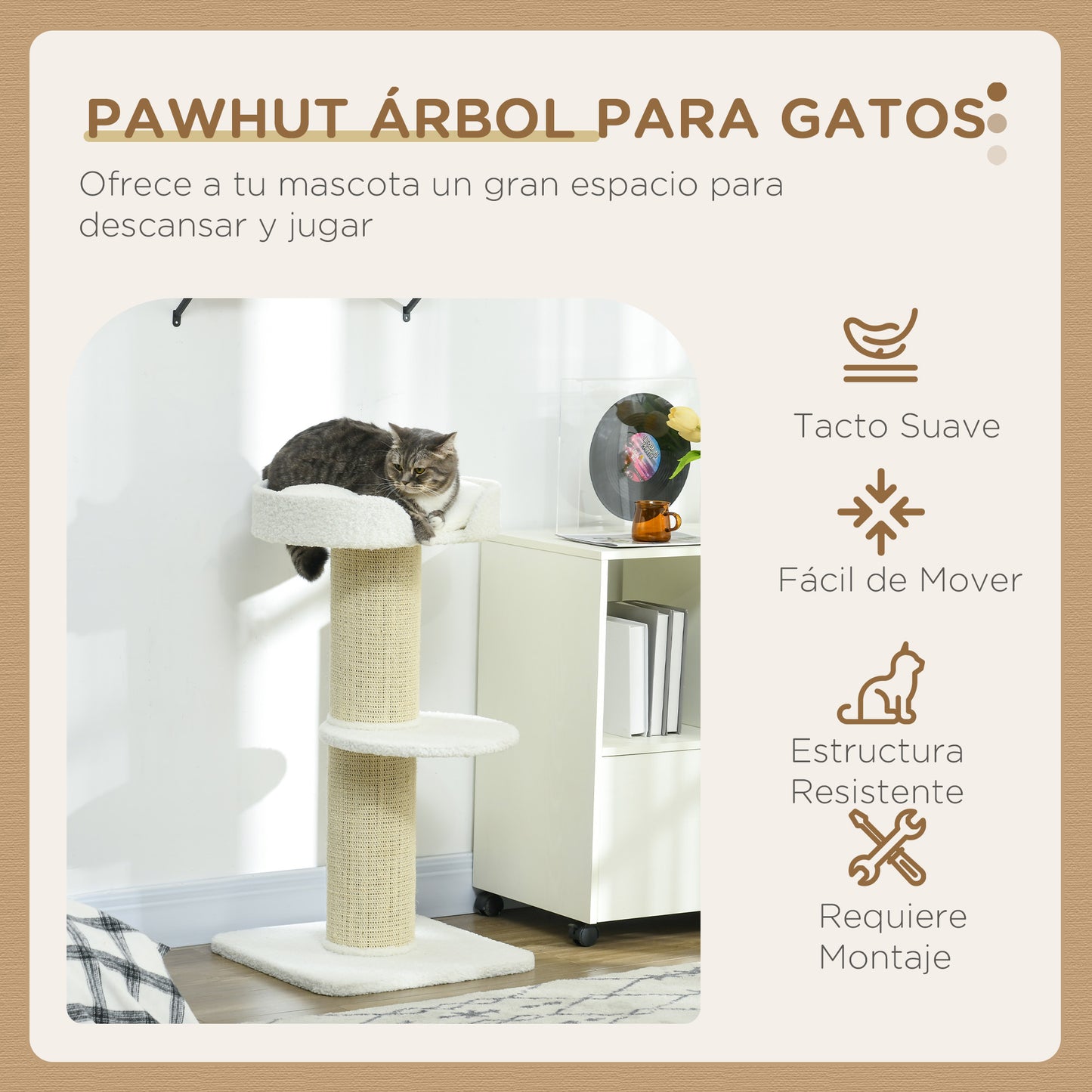 PawHut Árbol Rascador para Gatos Altura 91 cm Árbol para Gatos Torre para Gatos de 3 Niveles con Nido Plataforma y Poste de Sisal 45x45x91 cm Crema