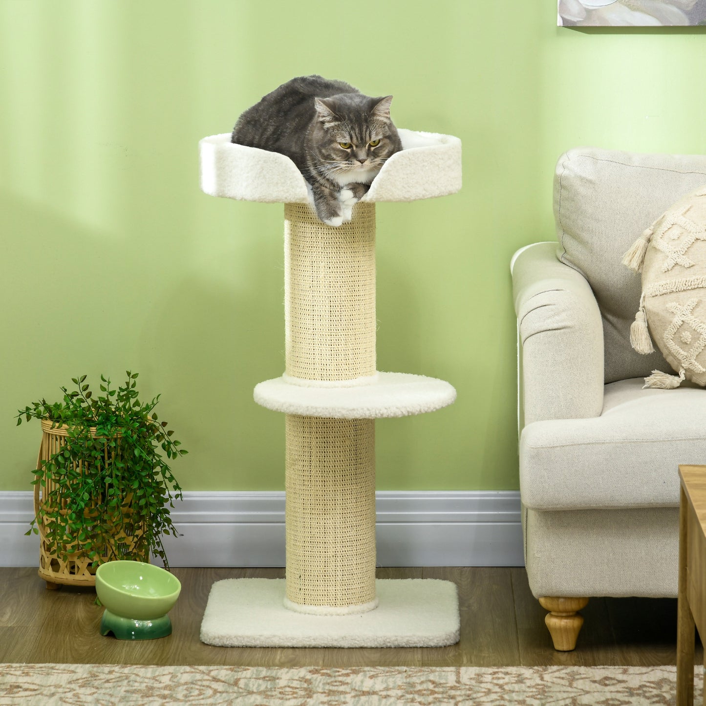 PawHut Árbol Rascador para Gatos Altura 91 cm Árbol para Gatos Torre para Gatos de 3 Niveles con Nido Plataforma y Poste de Sisal 45x45x91 cm Crema