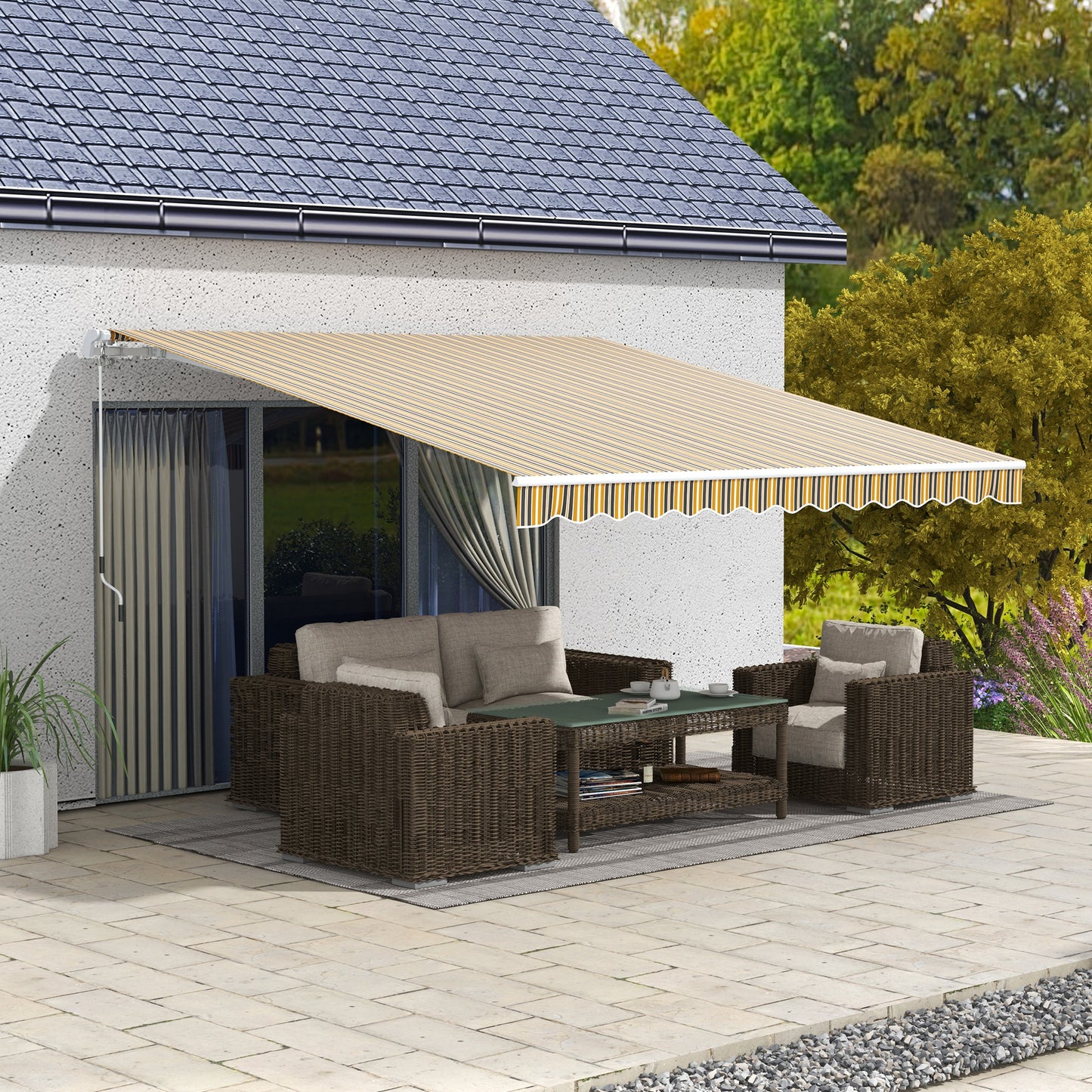 Outsunny Toldo Manual Retráctil 350x250 cm Toldo para Balcón con Manivela de Metal Impermeable y Anti-UV Toldo Enrollable de Exterior para Jardín Terraza Ventanas Gris y Amarillo