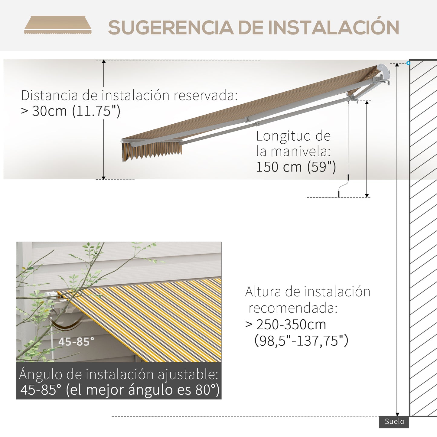 Outsunny Toldo Manual Retráctil 350x250 cm Toldo para Balcón con Manivela de Metal Impermeable y Anti-UV Toldo Enrollable de Exterior para Jardín Terraza Ventanas Gris y Amarillo