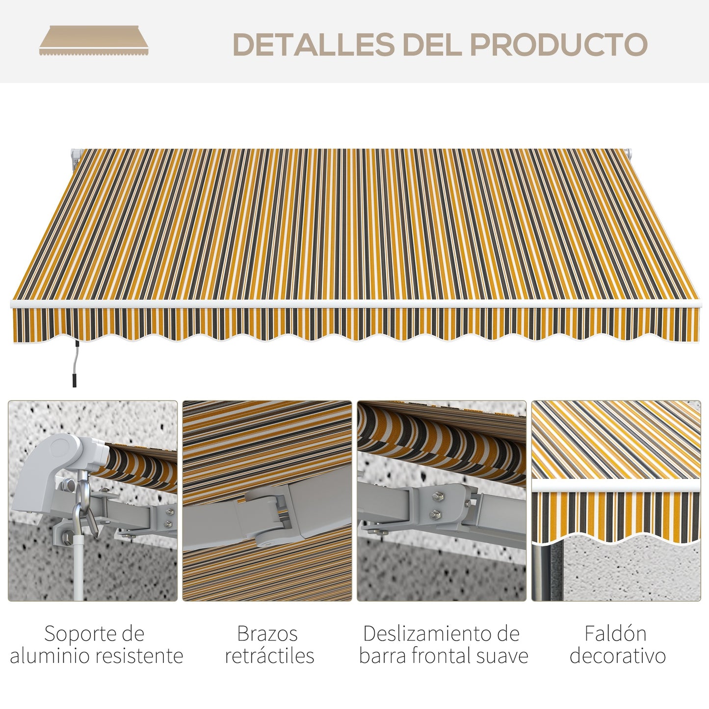 Outsunny Toldo Manual Retráctil 350x250 cm Toldo para Balcón con Manivela de Metal Impermeable y Anti-UV Toldo Enrollable de Exterior para Jardín Terraza Ventanas Gris y Amarillo