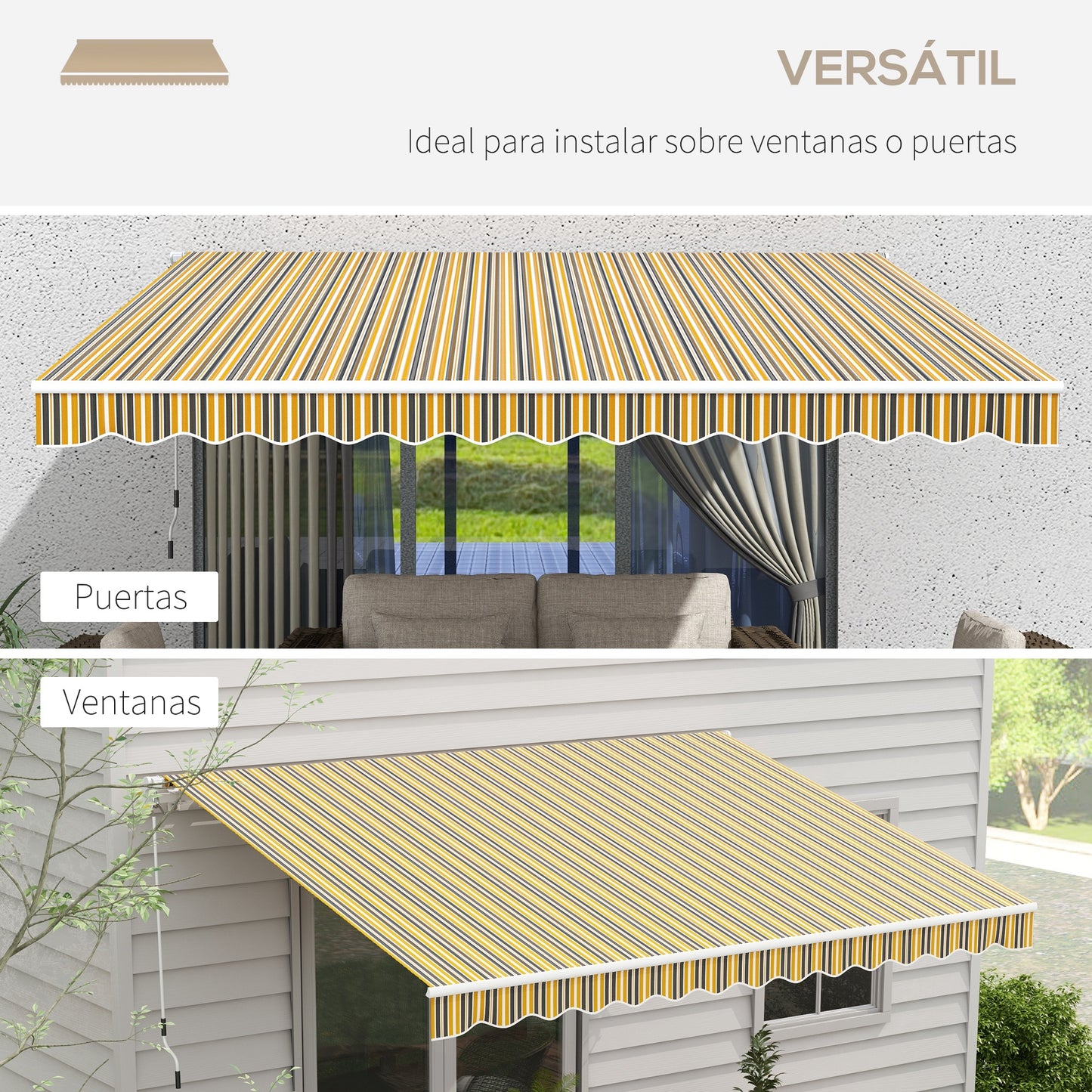 Outsunny Toldo Manual Retráctil 350x250 cm Toldo para Balcón con Manivela de Metal Impermeable y Anti-UV Toldo Enrollable de Exterior para Jardín Terraza Ventanas Gris y Amarillo