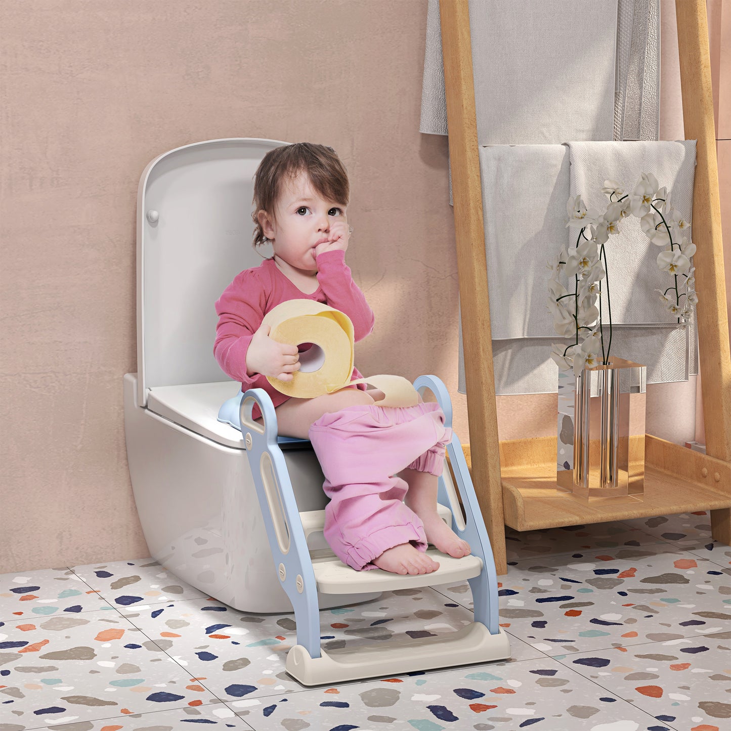 ZONEKIZ Adaptator WC para Niños con Escalera Plegable Reductor de Aprendizaje para Baño Asiento de Inodoro para Niños de 2-6 Años Portátil con Almohadillas Antideslizantes 67,9x42,8x51,5 cm Azul