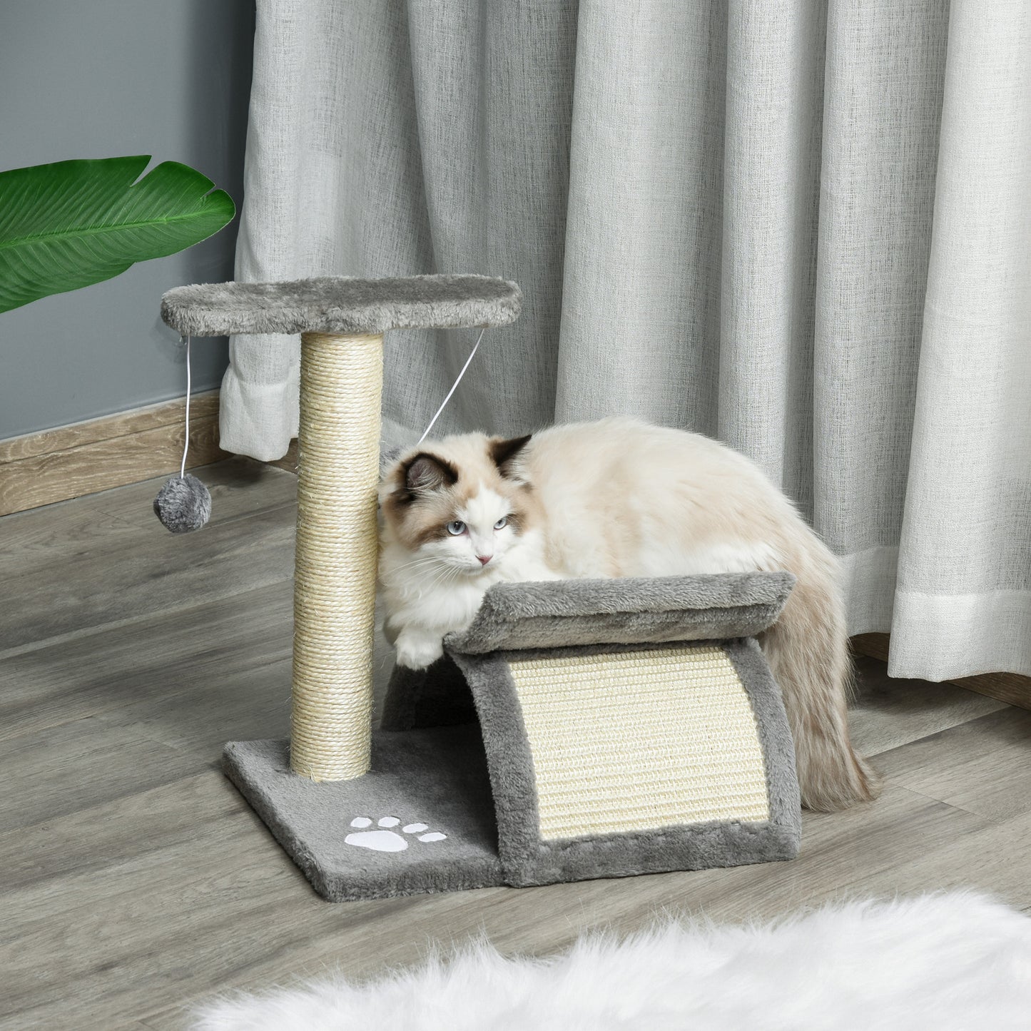 PawHut Árbol Rascador para Gatos Pequeños 43 cm Torre para Gatos con Poste Giratorio con Bolas de Juego Plataforma y Caseta 40x30x43 cm Gris