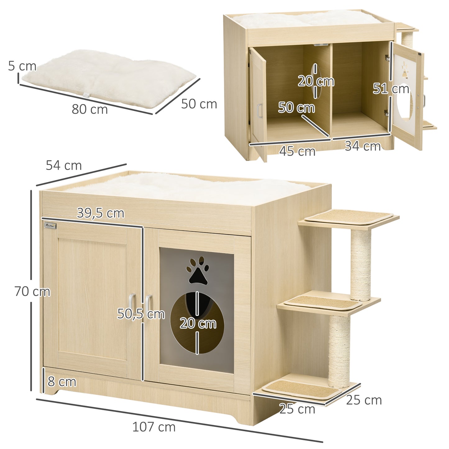 PawHut Arenero para Gatos de Madera con 2 Puertas Mueble Arenero para Gatos con Cama Cojín Suave 3 Plataformas y Postes de Sisal 107x54x70 cm Roble