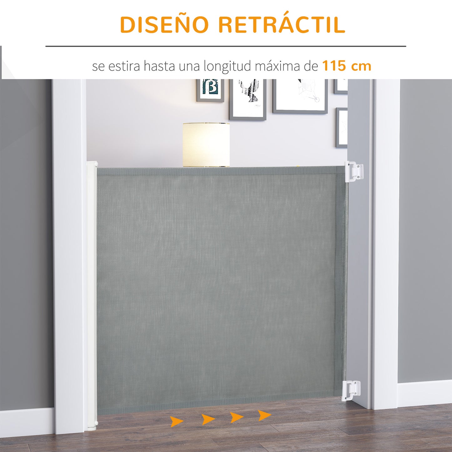 PawHut Barrera Seguridad para Perros Extensible Barrera para Mascotas con Extensión de Acero y Malla de Texteline para Escaleras y Puertas 5,5-115x5,5x82,5 cm Gris