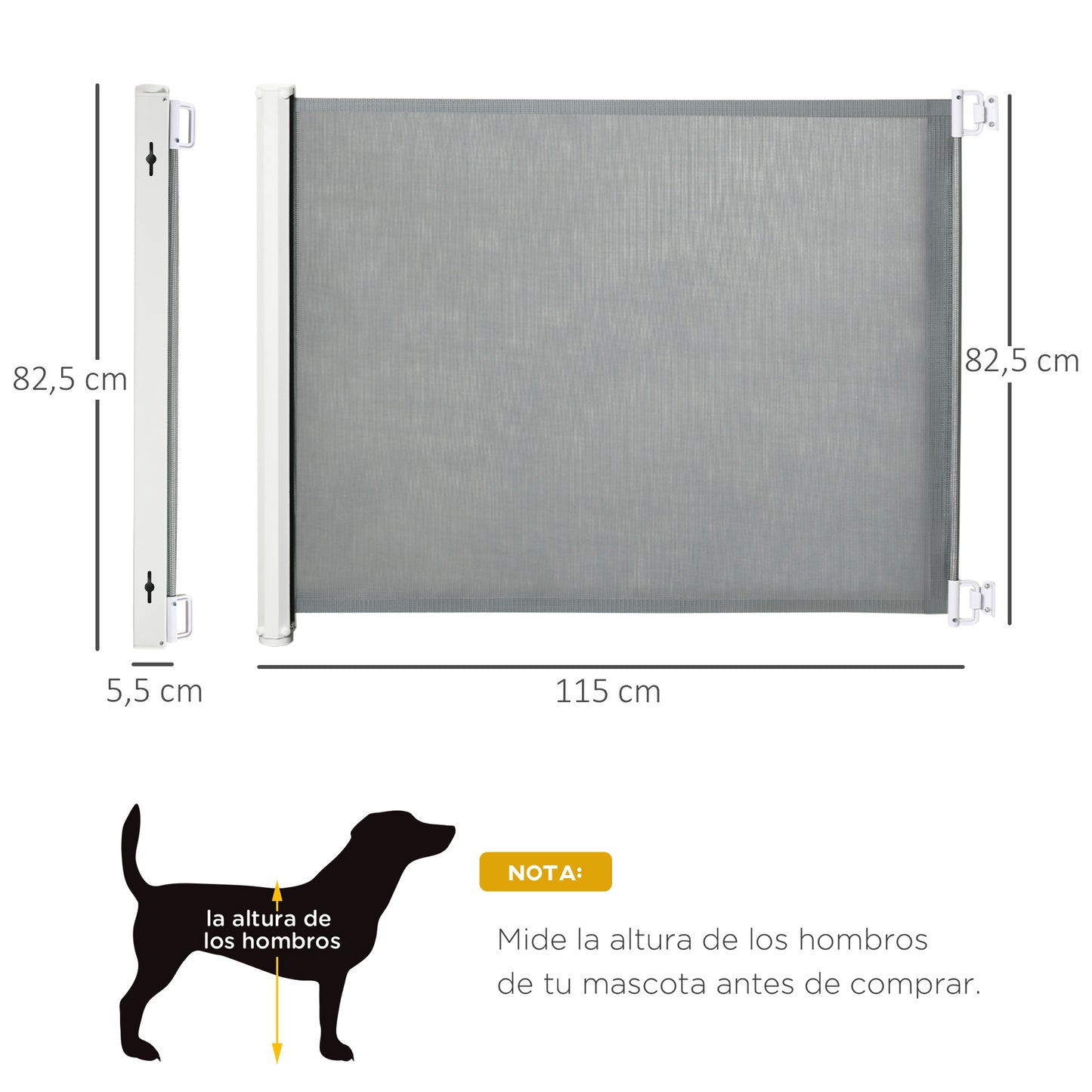 PawHut Barrera Seguridad para Perros Extensible Barrera para Mascotas con Extensión de Acero y Malla de Texteline para Escaleras y Puertas 5,5-115x5,5x82,5 cm Gris