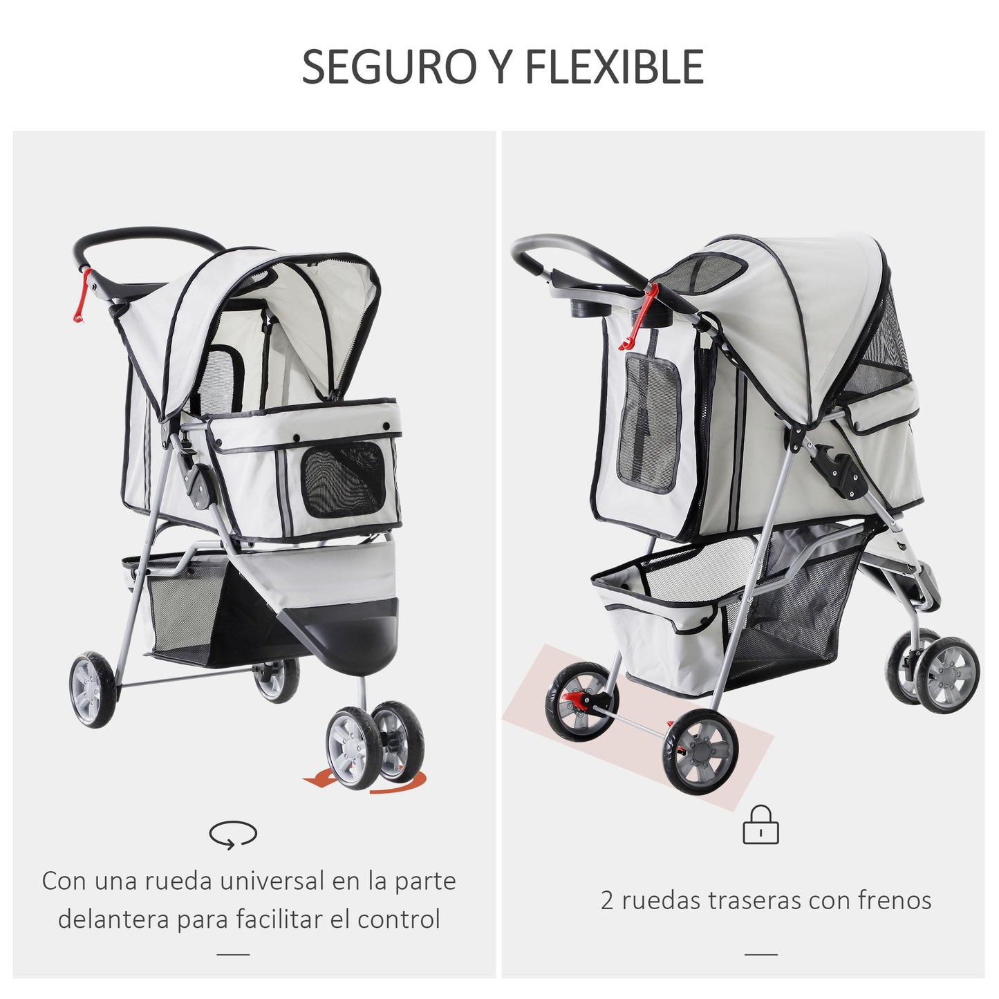 PawHut Carrito para Perros Plegable Cochecito para Mascotas Carrito para Perros Pequeños con Cesta de Almacenaje Ventanas de Malla y 2 Ruedas Universales 75x45x97 cm Gris