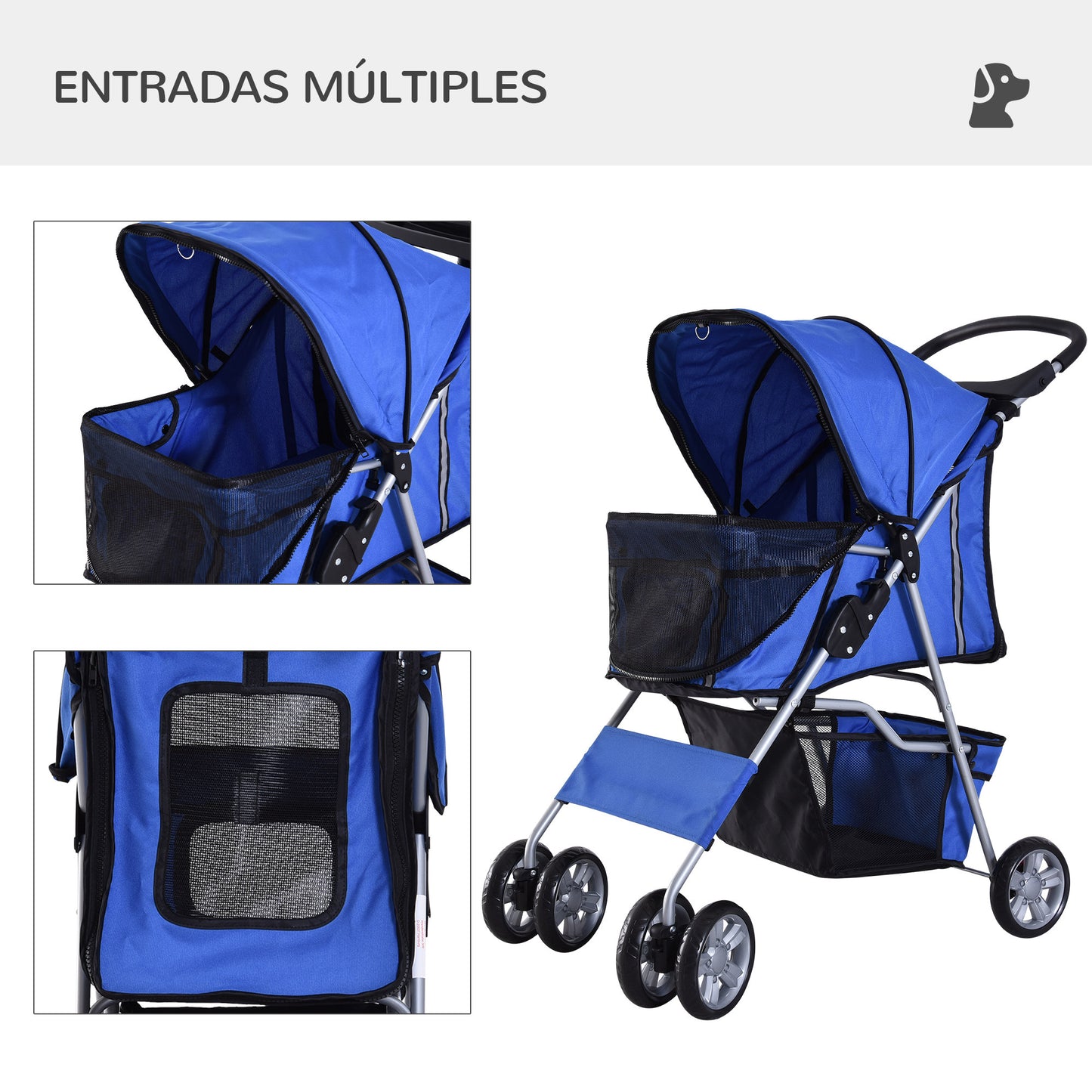 PawHut Carrito para Perros Plegable Cochecito para Mascotas Carrito para Perros Pequeños con Toldo Ajustable Cesta de Almacenaje Ventanas de Malla Portavasos y 2 Ruedas 75x45x97 cm Azul