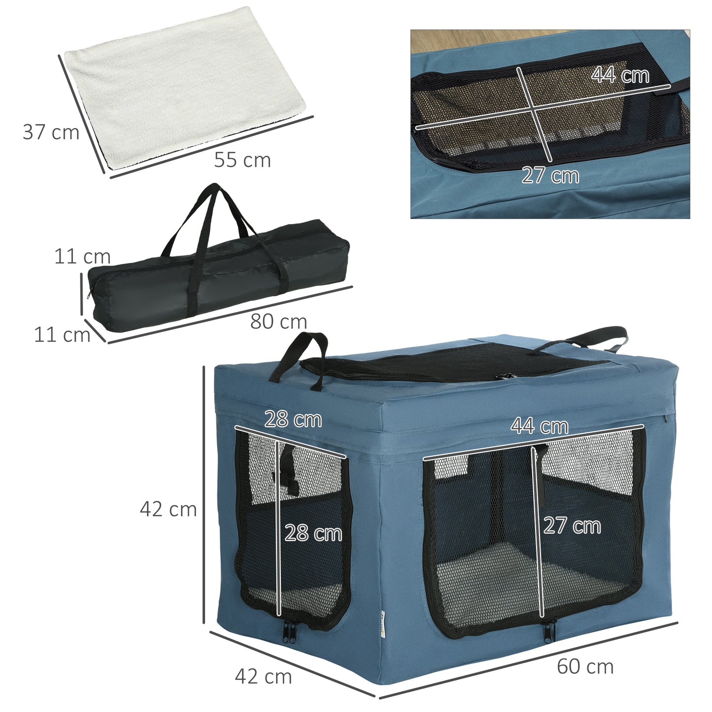 PawHut Transportín Mochila para Perros y Gatos Bolsa para Mascotas Transportador para Perros con 3 Puertas y Cojín Suave 60x42x42 cm Azul