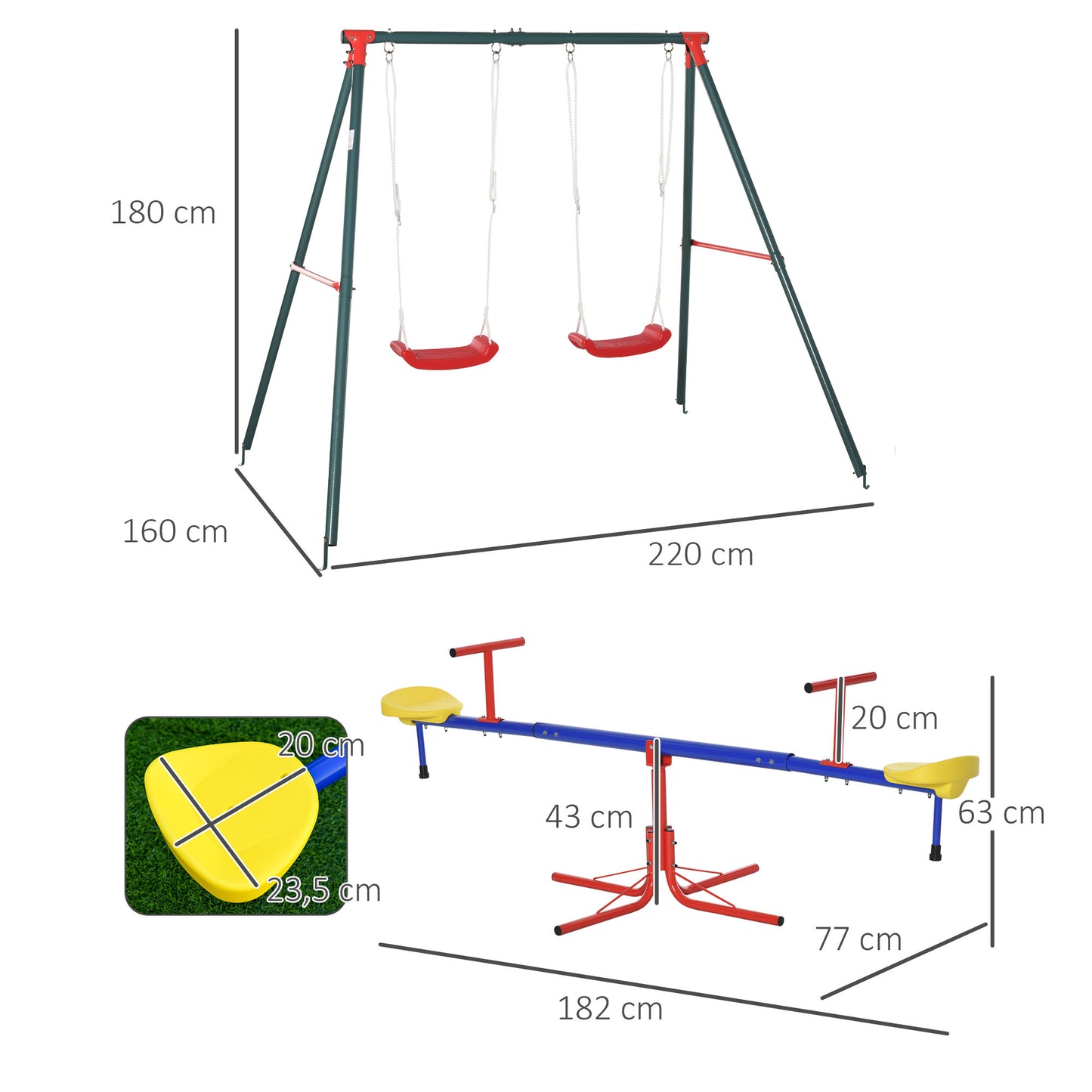 Outsunny Conjunto para Niños Juego de Balancín para Niños Giratorio 360° y Columpio Doble Infantil con Cuerda Ajustable para Jardín Parque 184x76x71 cm 239x156x180 cm Multicolor