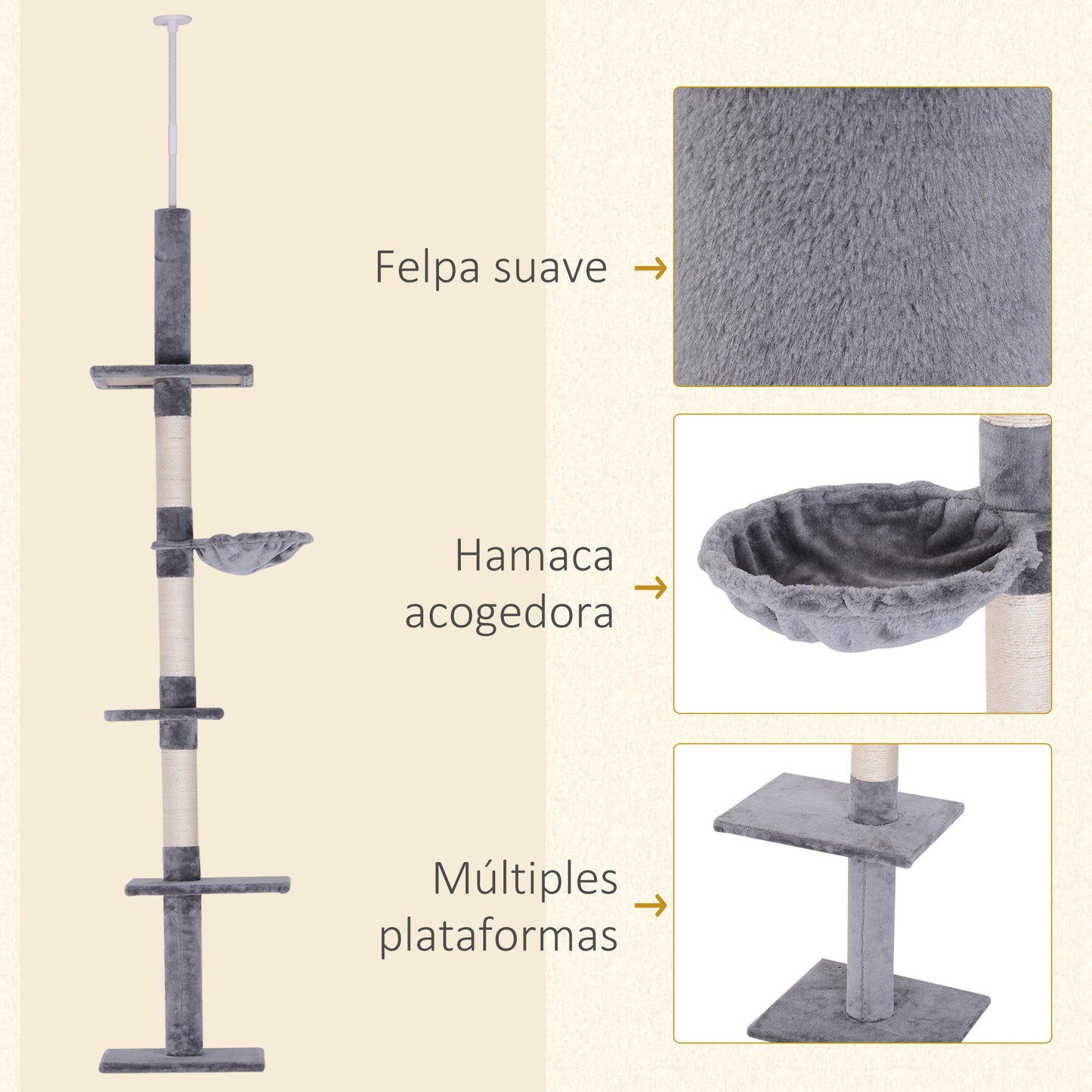 PawHut Árbol para Gatos de Suelo al Techo de 230-260 cm Torre para Gatos con Altura Ajustable Plataformas Hamaca y Postes de Sisal Gris