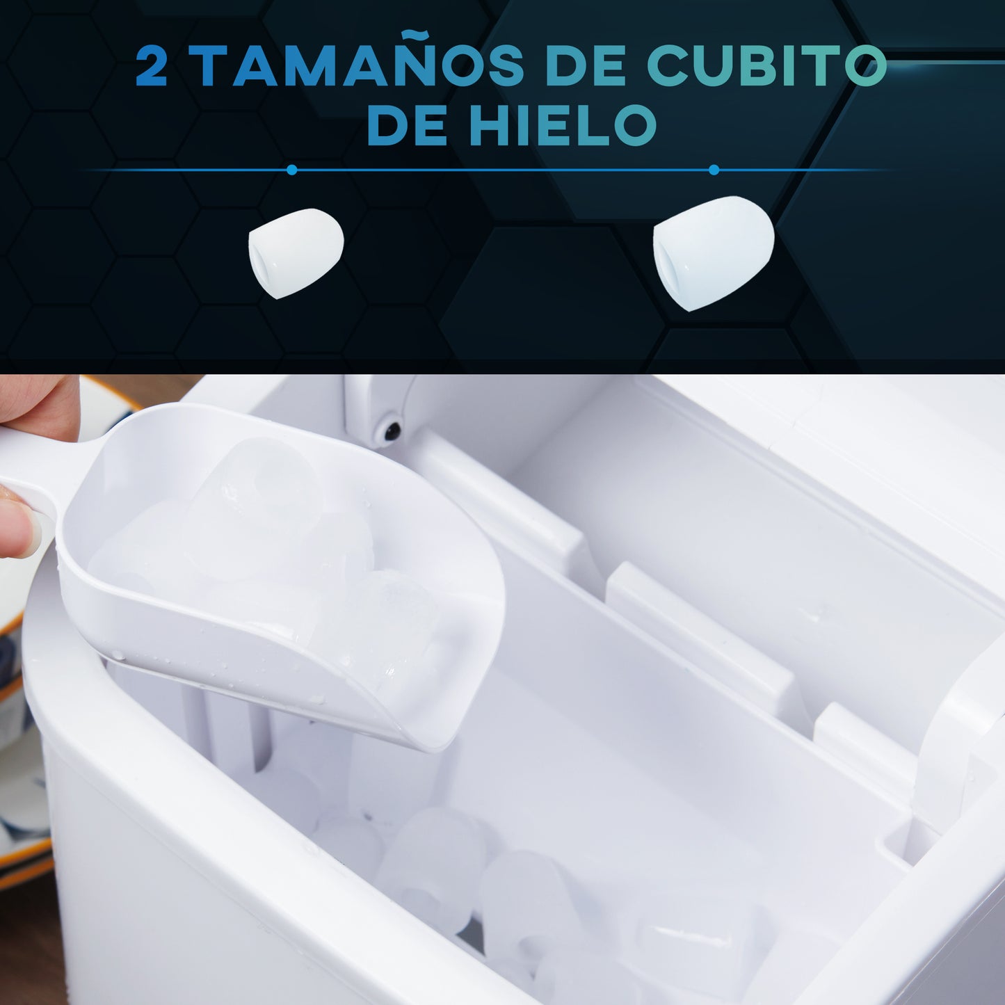 HOMCOM Máquina de Hielo 12 kg/24h Máquina de Hacer Hielo Autolimpieza 9 Cubitos de Hielo en 6-12 Minutos 2 Tamaños de Cubitos Máquina de Hielo para Casa con Asa Cuchara Cesta Crema