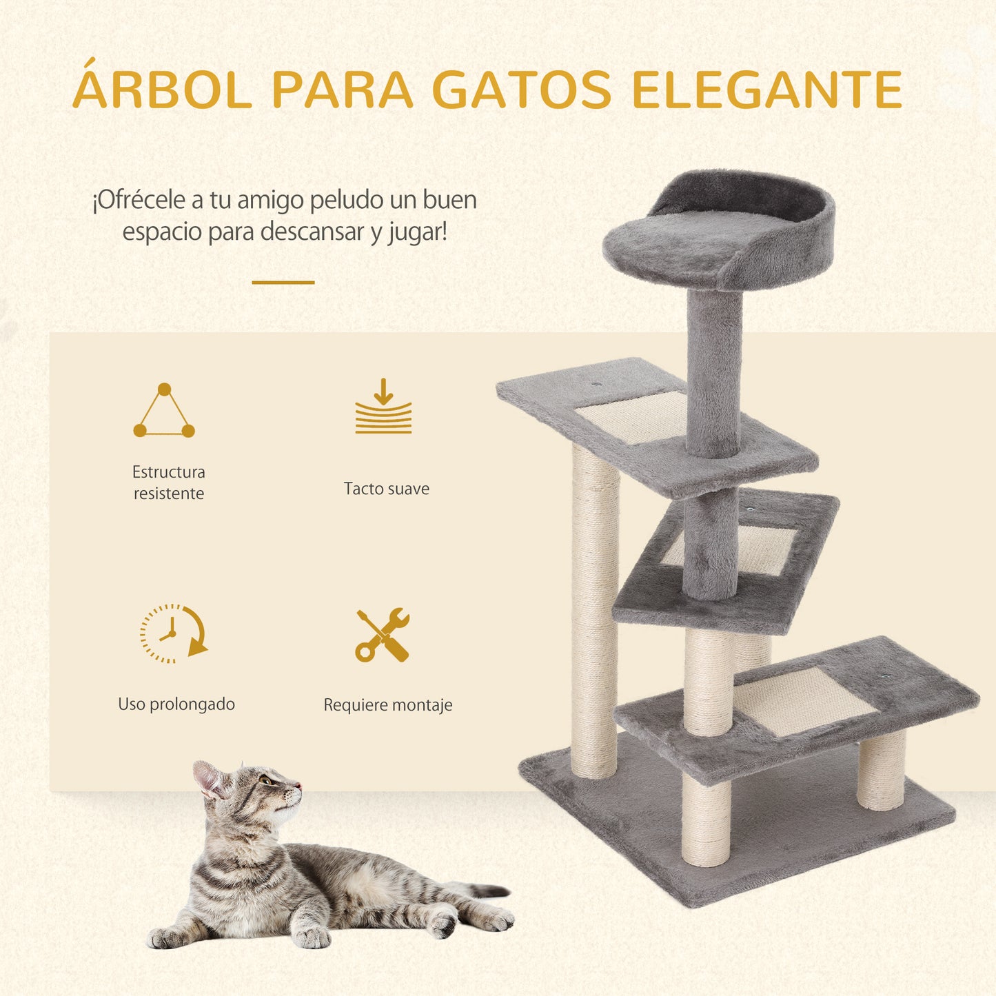 PawHut Árbol Rascador para Gatos 48,5x48,5x100 cm Centro de Actividad 3 Plataformas para Arañar Tablero Aglomerado Cubierta de Felpa Sisal Gris y Beige