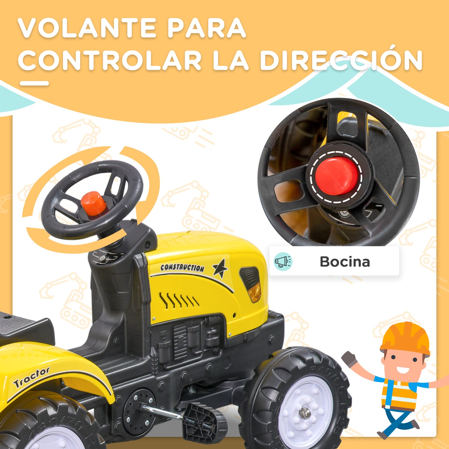 HOMCOM Tractor a Pedales para Niños de 3 Años con Remolque Juguete de Montar Coche de Pedales Carga 35 kg 133x42x51 cm Amarillo