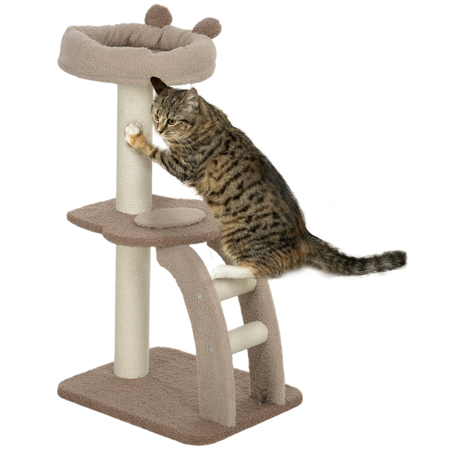 PawHut Árbol Rascador para Gatos Altura 88 cm Árbol para Gatos Torre para Gatos con Nido Plataformas Bola Colgante Escalera y Poste de Sisal Café