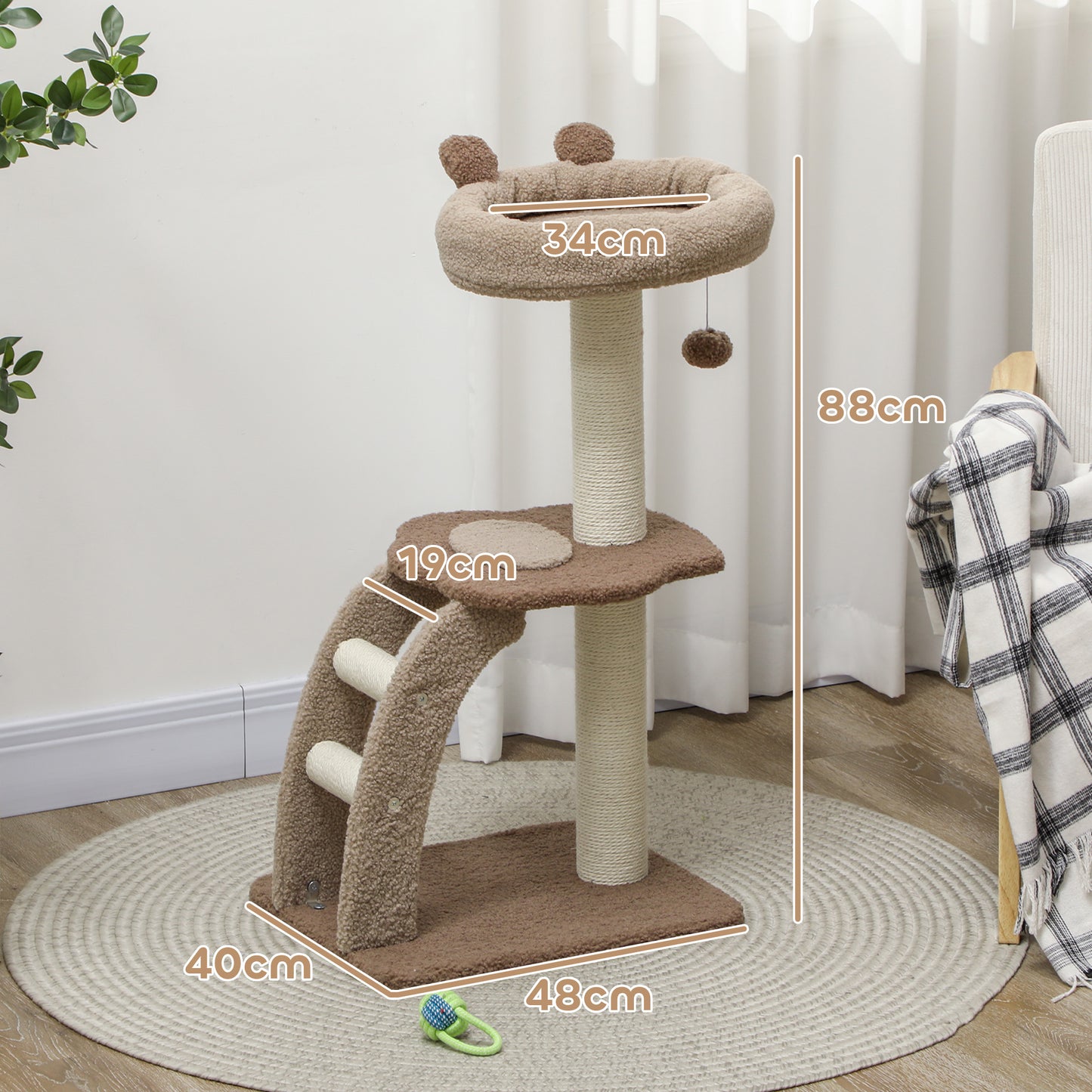 PawHut Árbol Rascador para Gatos Altura 88 cm Árbol para Gatos Torre para Gatos con Nido Plataformas Bola Colgante Escalera y Poste de Sisal Café