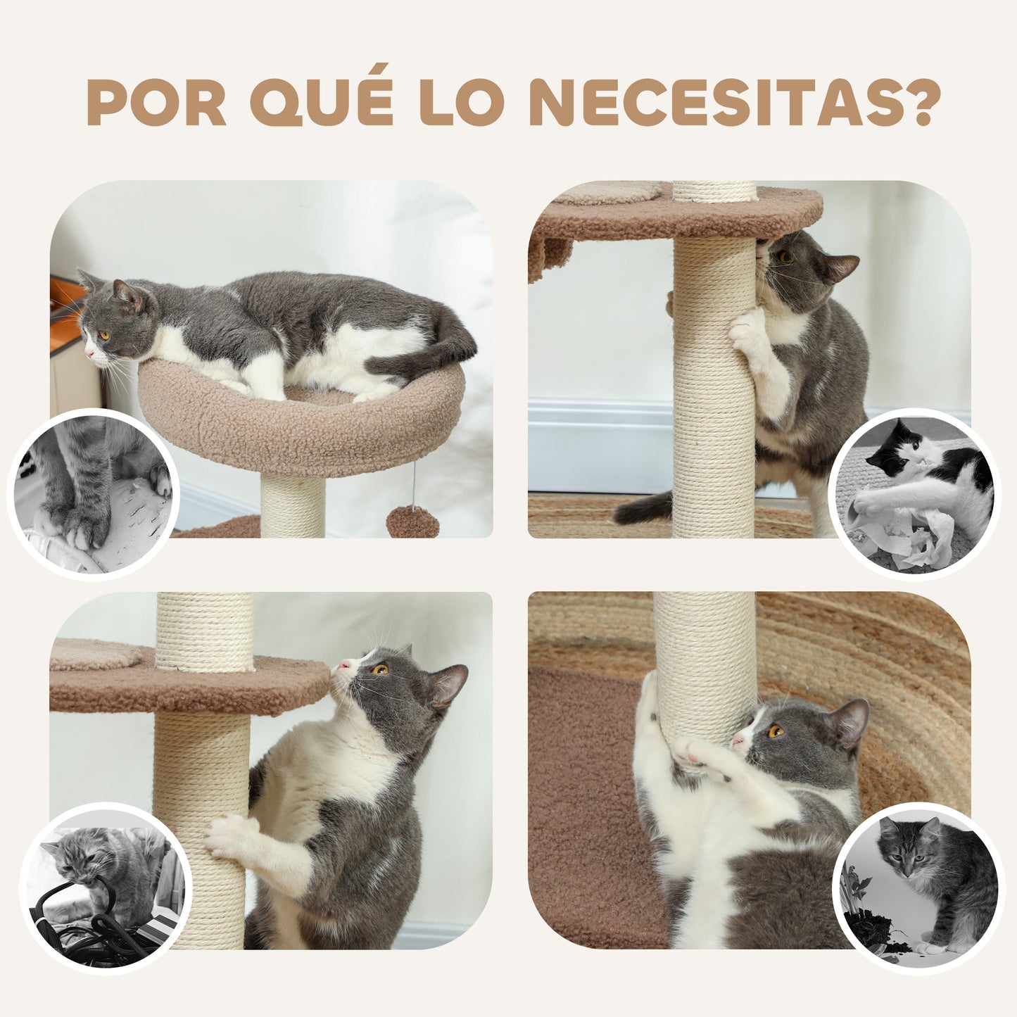 PawHut Árbol Rascador para Gatos Altura 88 cm Árbol para Gatos Torre para Gatos con Nido Plataformas Bola Colgante Escalera y Poste de Sisal Café