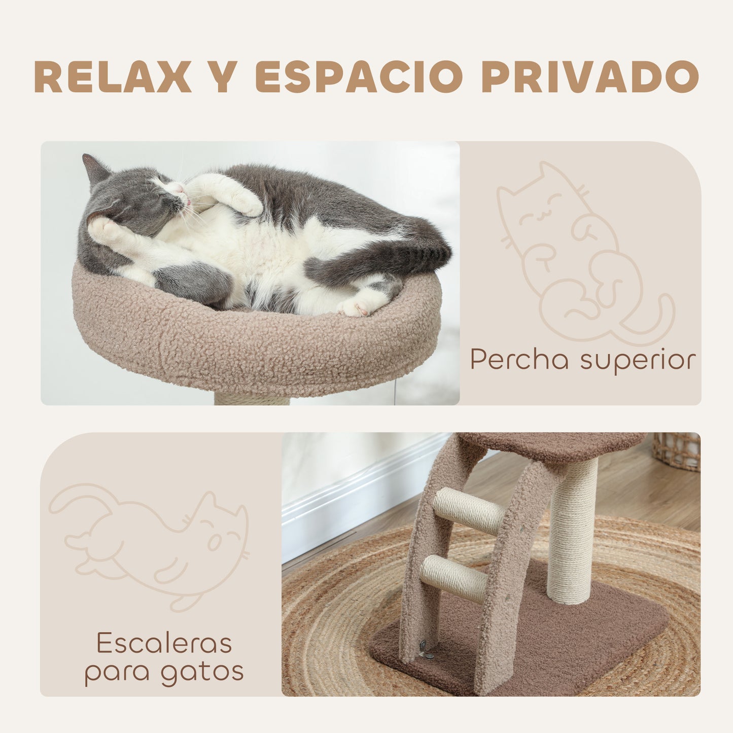 PawHut Árbol Rascador para Gatos Altura 88 cm Árbol para Gatos Torre para Gatos con Nido Plataformas Bola Colgante Escalera y Poste de Sisal Café