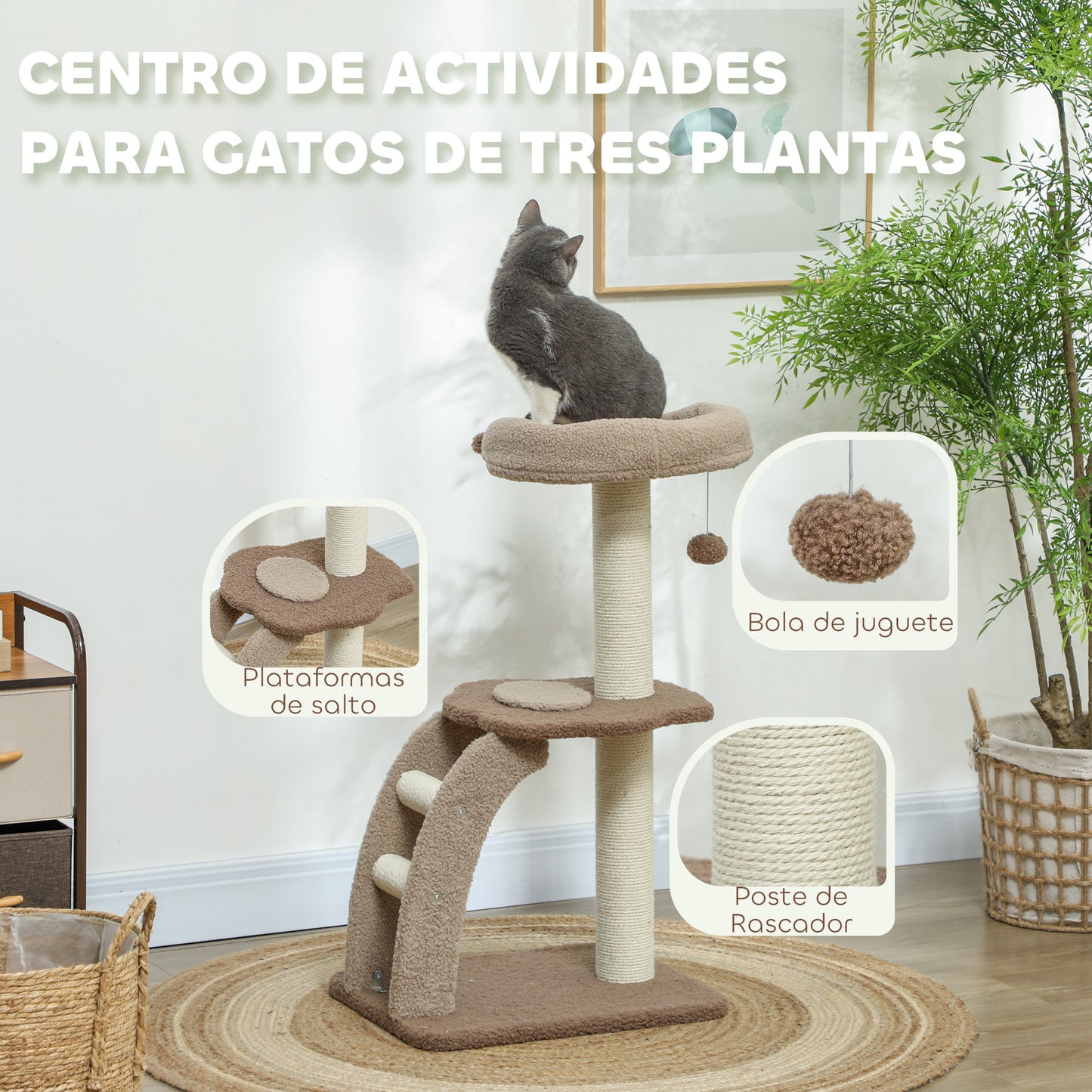 PawHut Árbol Rascador para Gatos Altura 88 cm Árbol para Gatos Torre para Gatos con Nido Plataformas Bola Colgante Escalera y Poste de Sisal Café