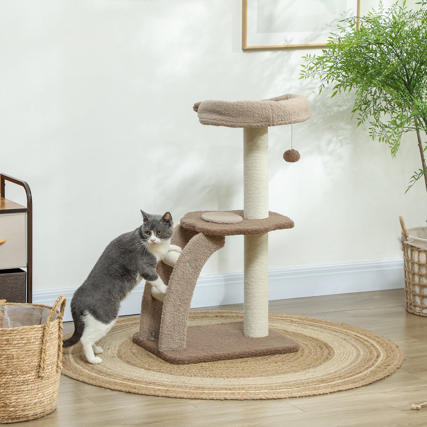 PawHut Árbol Rascador para Gatos Altura 88 cm Árbol para Gatos Torre para Gatos con Nido Plataformas Bola Colgante Escalera y Poste de Sisal Café