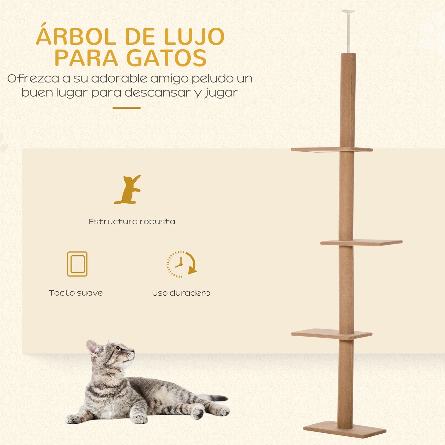 PawHut Árbol para Gatos del Suelo al Techo 43x27x228-260 cm Torre para Gatos con Altura Ajustable 4 Plataformas Espaciosas y Poste de Sisal Marrón