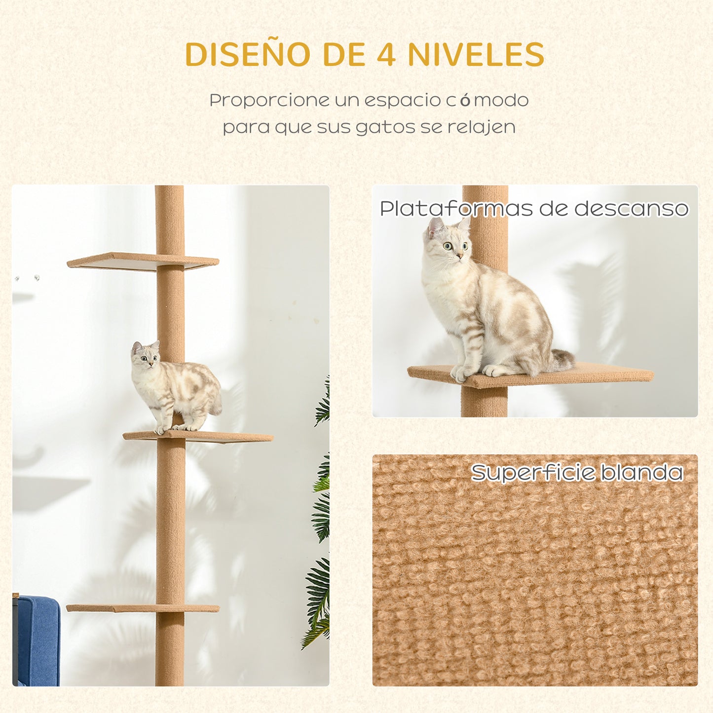 PawHut Árbol para Gatos del Suelo al Techo 43x27x228-260 cm Torre para Gatos con Altura Ajustable 4 Plataformas Espaciosas y Poste de Sisal Marrón