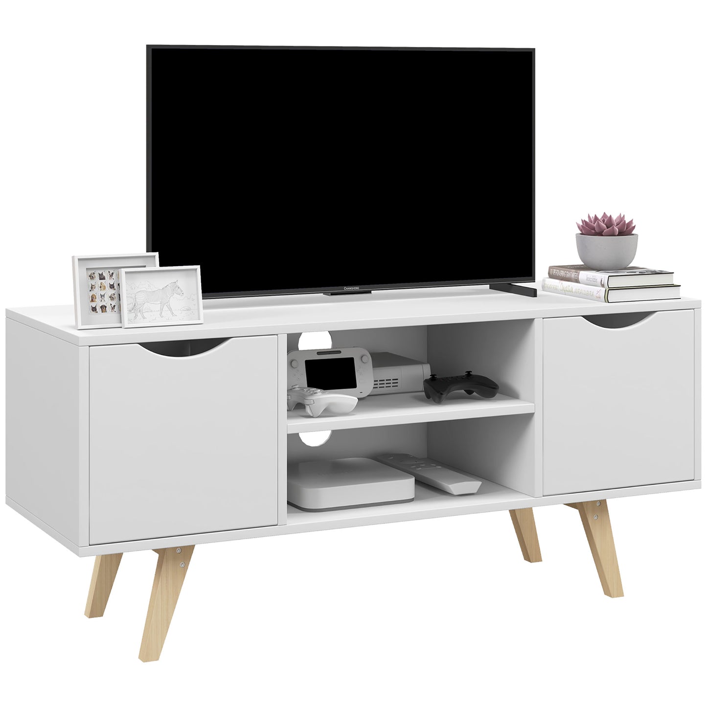 HOMCOM Mueble de TV Moderno Mueble para Televisores de 50 Pulgadas Mesa de TV para Salón con 2 Puertas 2 Estantes Abiertos y Patas de Madera 110x39x50 cm Blanco