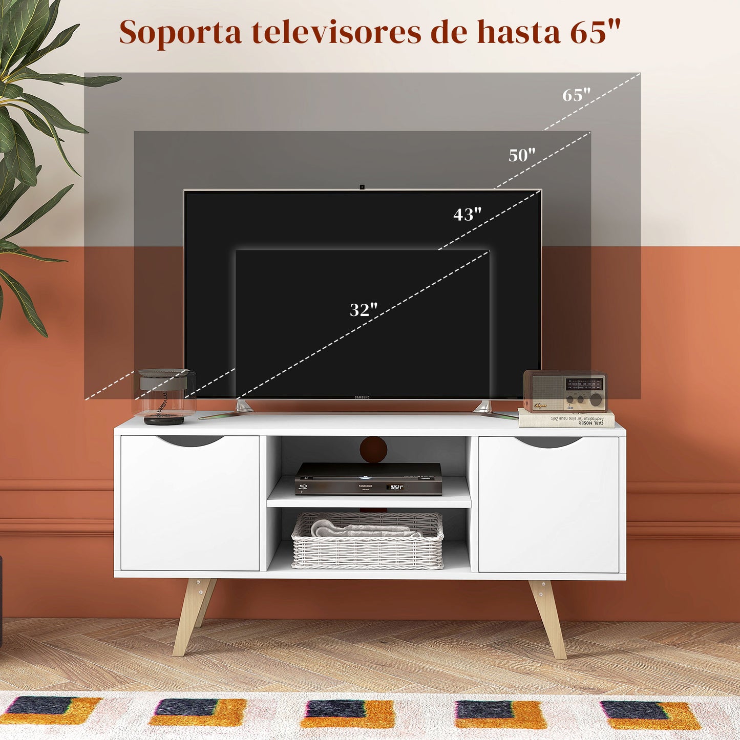 HOMCOM Mueble de TV Moderno Mueble para Televisores de 50 Pulgadas Mesa de TV para Salón con 2 Puertas 2 Estantes Abiertos y Patas de Madera 110x39x50 cm Blanco