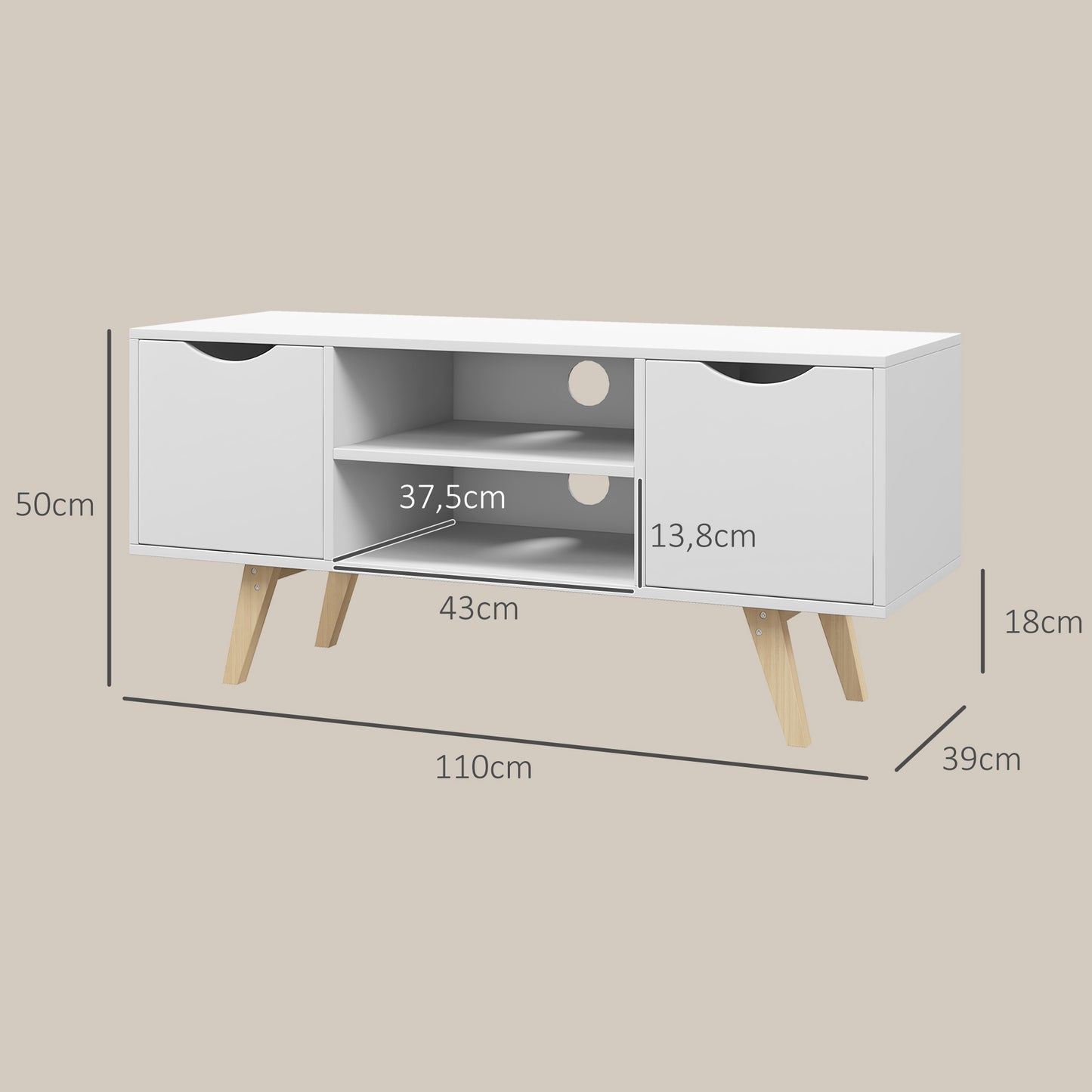 HOMCOM Mueble de TV Moderno Mueble para Televisores de 50 Pulgadas Mesa de TV para Salón con 2 Puertas 2 Estantes Abiertos y Patas de Madera 110x39x50 cm Blanco