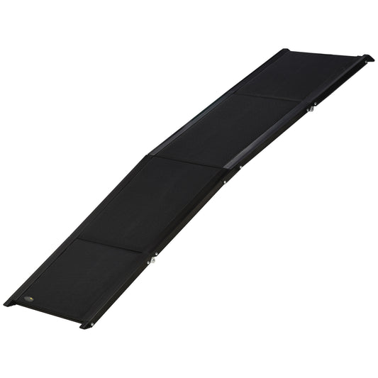 PawHut Rampa Plegable para Perros de Aluminio Rampa para Mascotas para Coche con Superficie Antideslizante Asa y Gancho Carga 60 kg 158x43,5x2,5 cm Negro