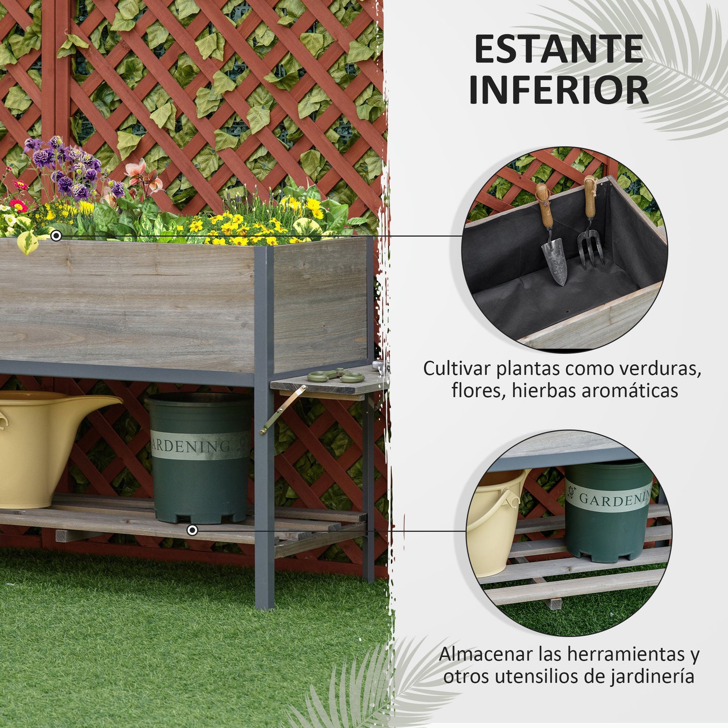 Outsunny Huerto Urbano Elevado de Madera 140x46x75,5 cm Mesa de Cultivo de Jardín con 2 Baldas Laterales Estante Inferior y 2 Orificios de Drenaje para Plantas Flores Gris