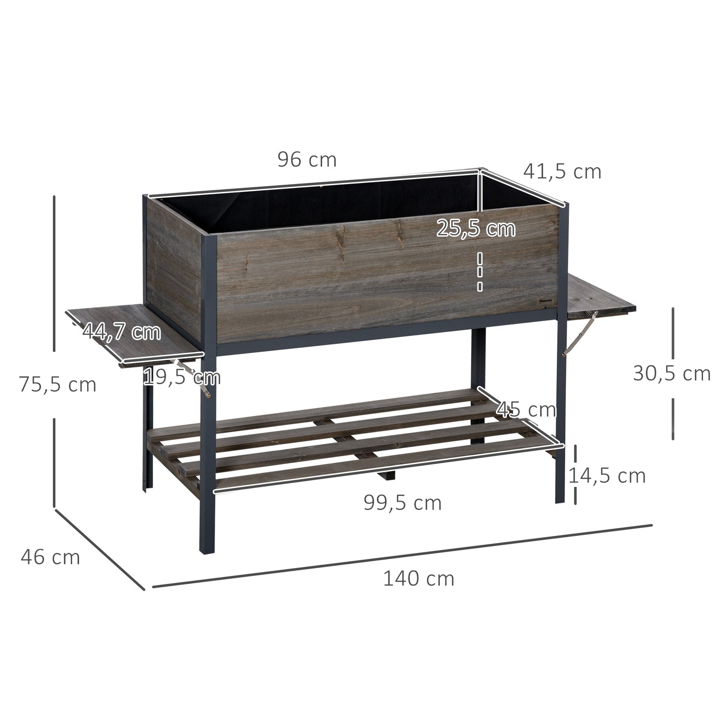 Outsunny Huerto Urbano Elevado de Madera 140x46x75,5 cm Mesa de Cultivo de Jardín con 2 Baldas Laterales Estante Inferior y 2 Orificios de Drenaje para Plantas Flores Gris