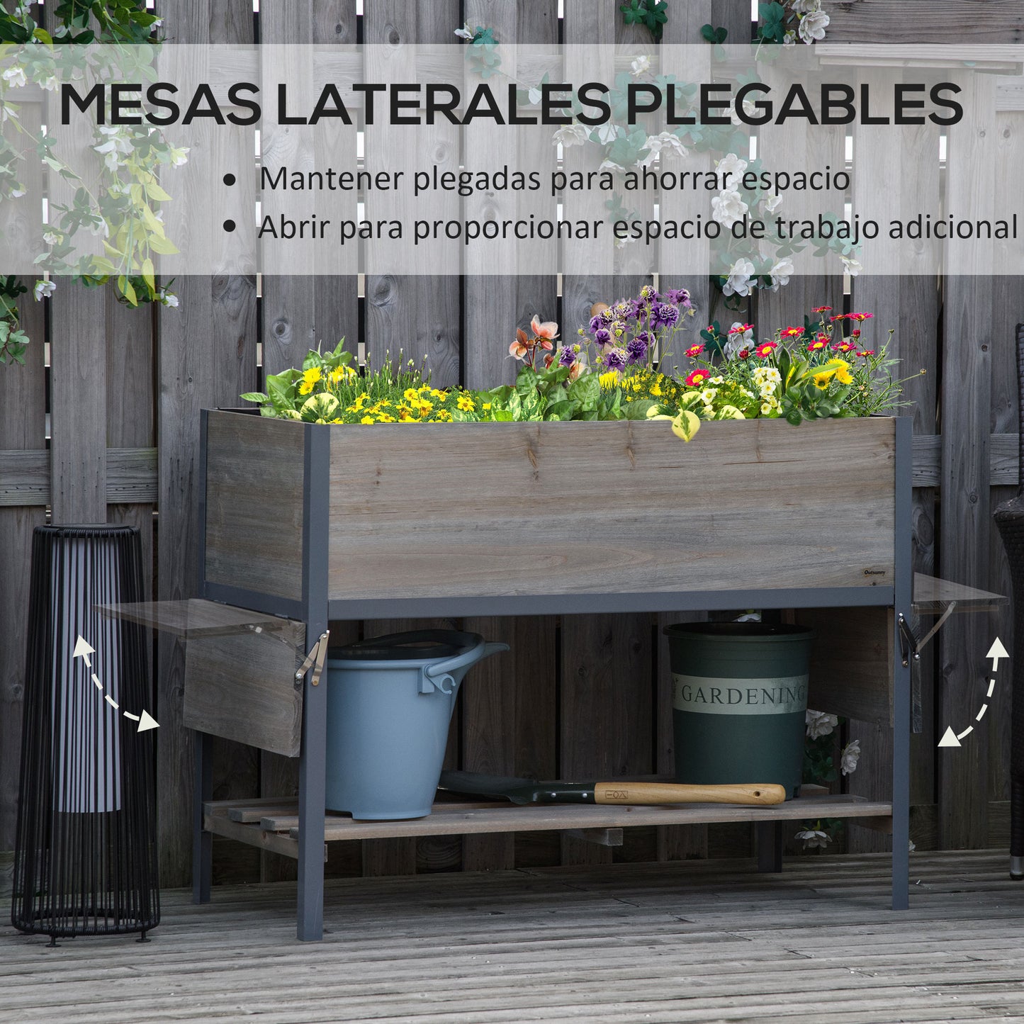 Outsunny Huerto Urbano Elevado de Madera 140x46x75,5 cm Mesa de Cultivo de Jardín con 2 Baldas Laterales Estante Inferior y 2 Orificios de Drenaje para Plantas Flores Gris