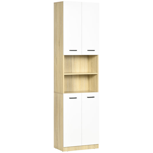 kleankin Columna Auxiliar de Baño Armario Alto de Baño con 4 Puertas 2 Estantes Abiertos y Estantes Ajustables Estilo Moderno para Salón 53x33,5x195,7 cm Blanco y Roble