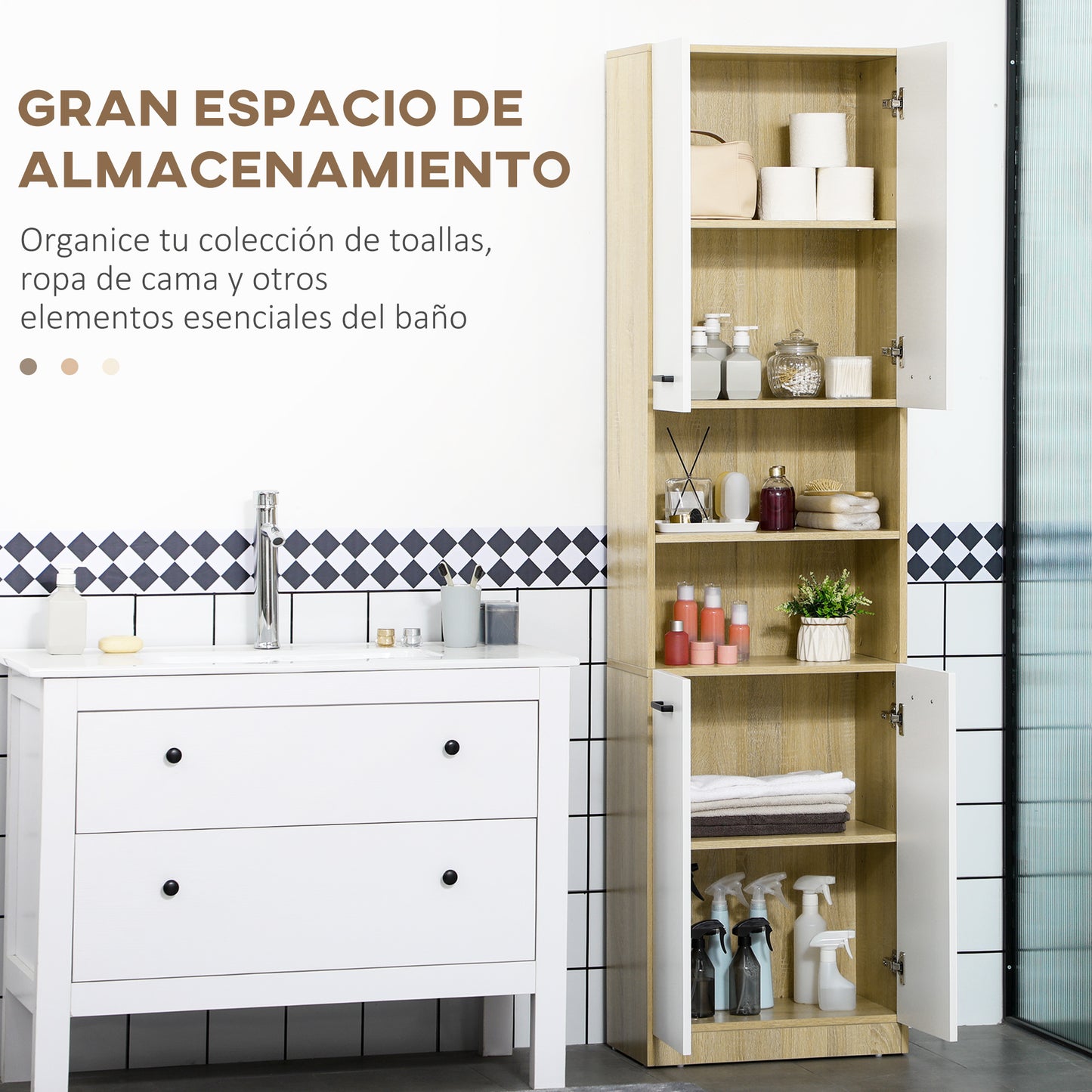 kleankin Columna Auxiliar de Baño Armario Alto de Baño con 4 Puertas 2 Estantes Abiertos y Estantes Ajustables Estilo Moderno para Salón 53x33,5x195,7 cm Blanco y Roble